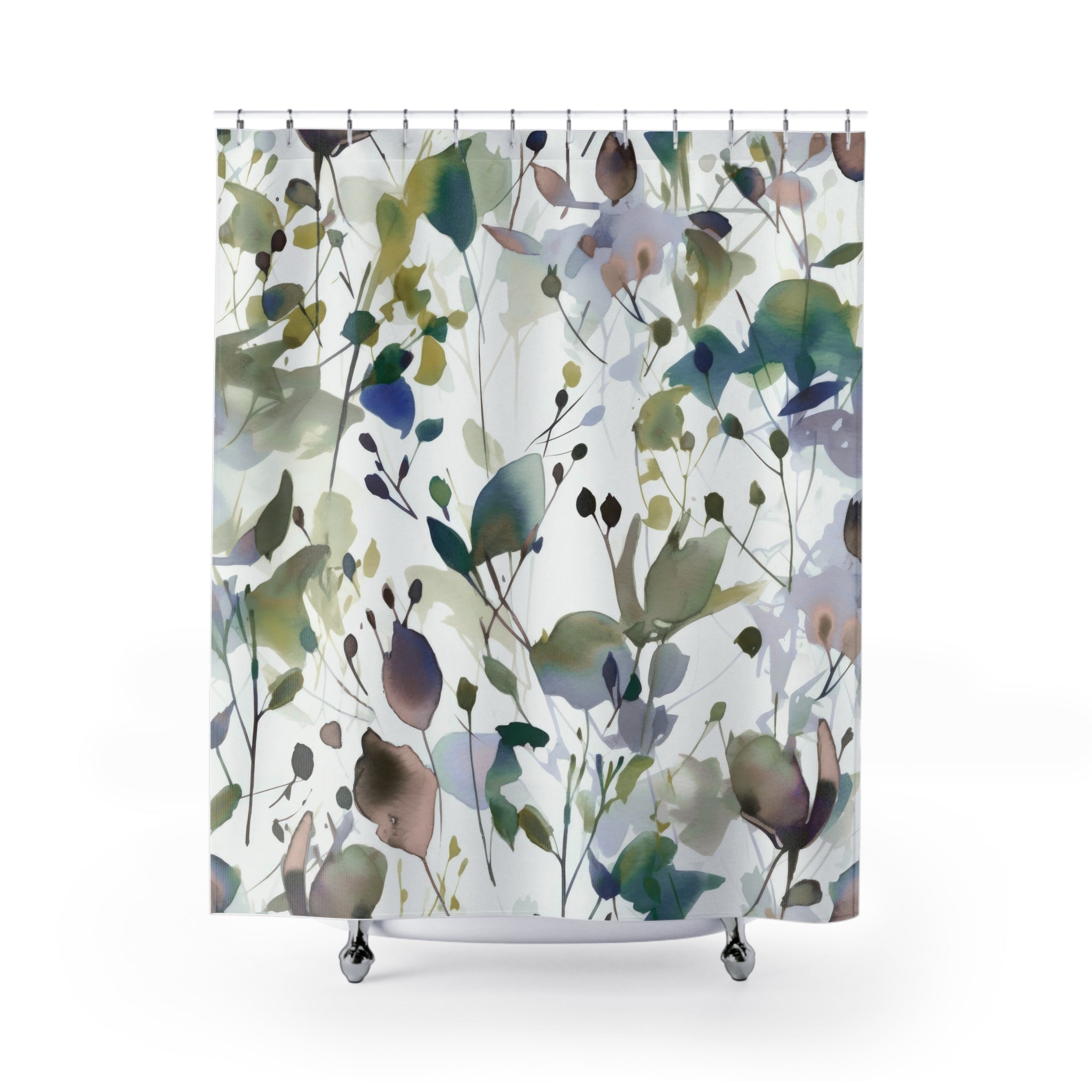 Boho Shower Curtain | Sage Green White, Colorful Floral Watercolor