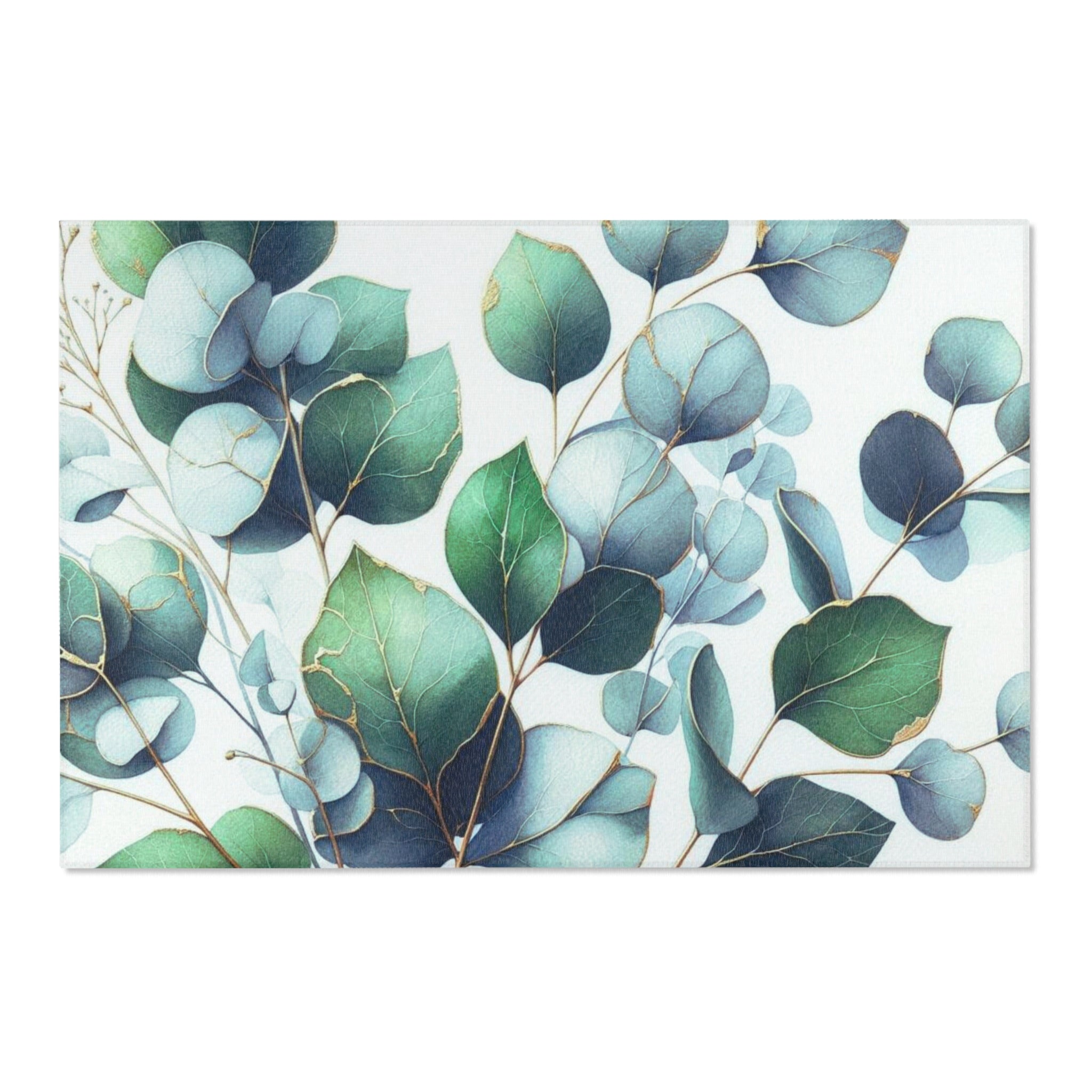 Floral Large Area Rug | Modern Rug, Forest Green, Pale Blue Eucalyptus Leavea