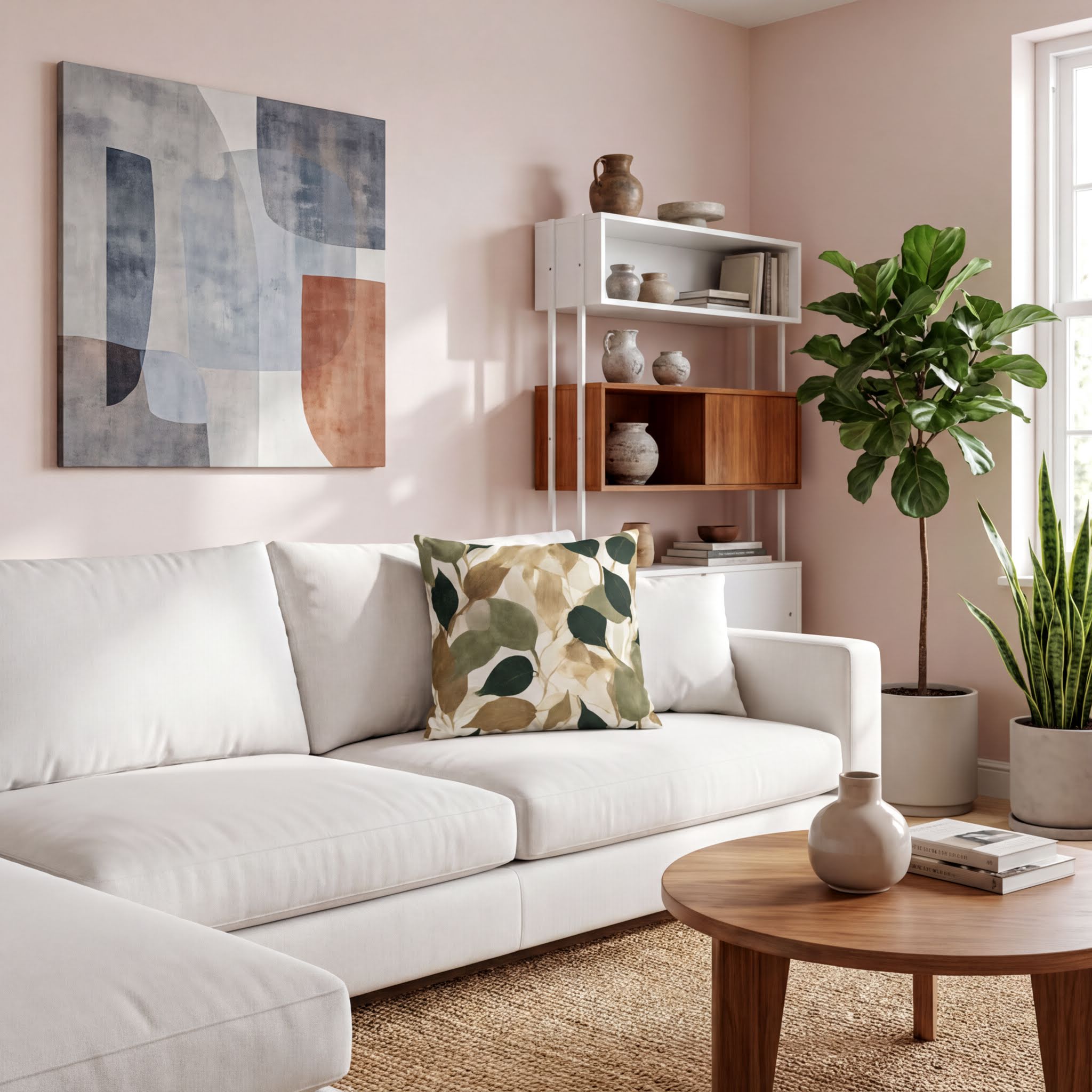 a cozy living room with a white sofa, a wooden coffee table, and a large abstract painting on the wall. The room is decorated with various plants and vases, creating a warm and inviting atmosphere.