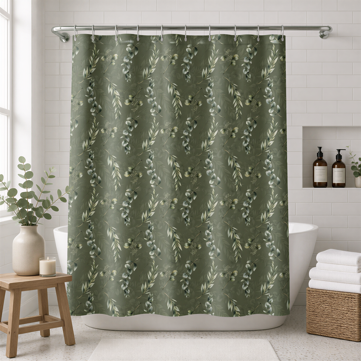 a bathroom with a green shower curtain adorned with a floral pattern. The shower curtain is hanging from a rod above a white bathtub. The bathroom also includes a wooden stool, a small table with a vase of greenery, and a shelf with bottles.