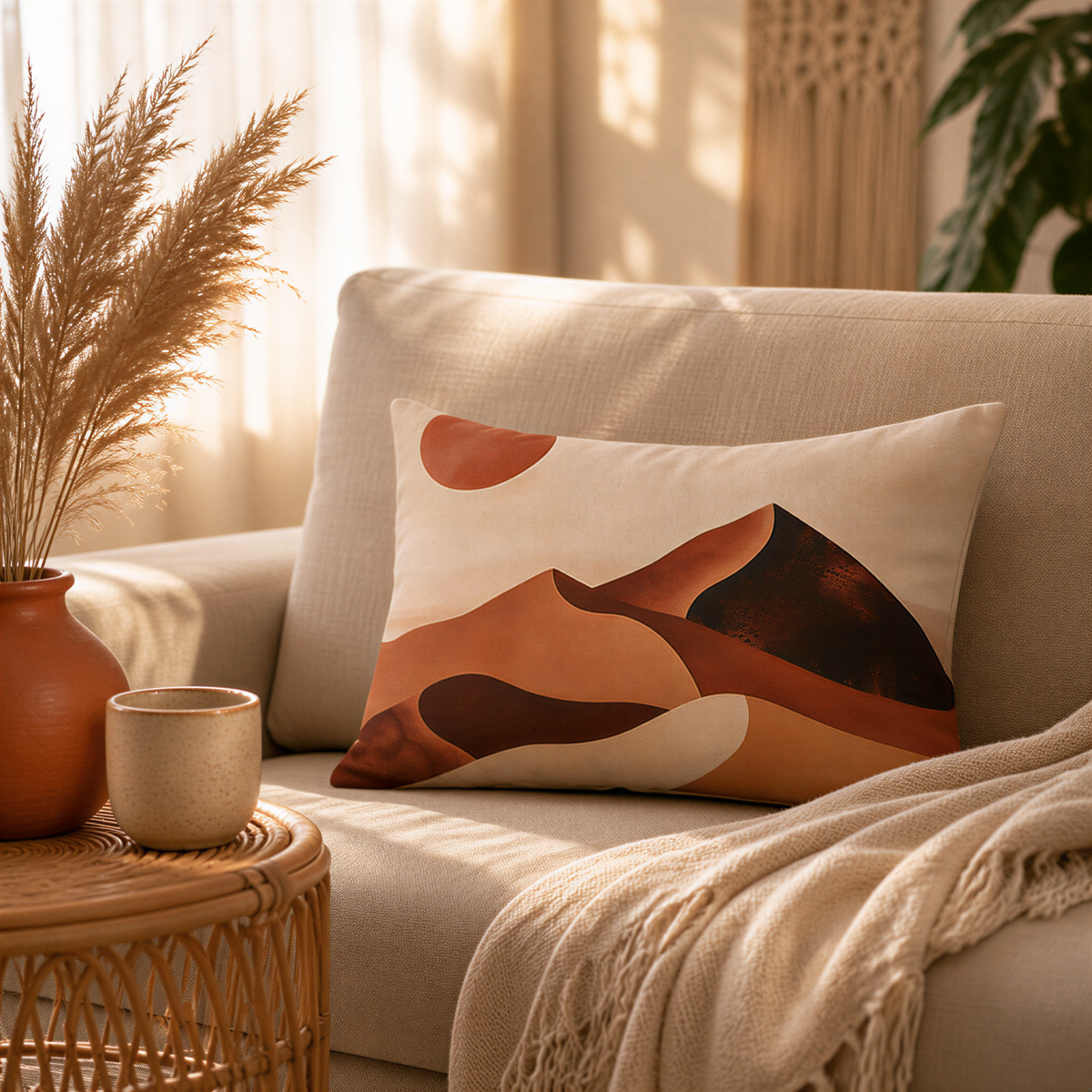 a cozy living room with a beige sofa, a woven side table, and a decorative pillow with a mountain landscape design. The room is illuminated by natural light coming through a window, and there are some plants and a vase adding to the warm and inviting atmosphere.