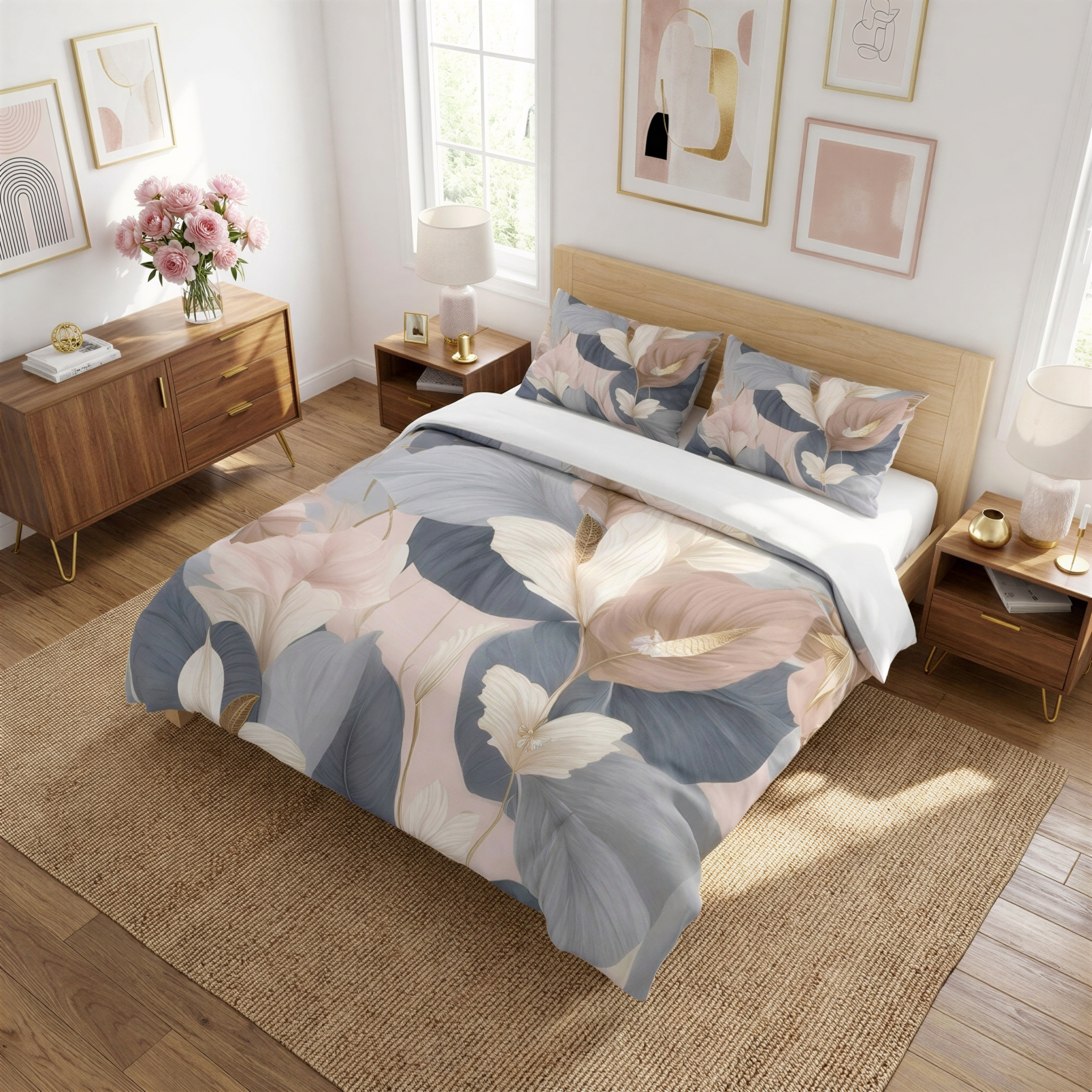 a bedroom with a large bed, a wooden dresser, and a rug on the floor. The bed is covered in a floral comforter with a mix of pink, blue, and white colors. The dresser has a vase of flowers on top, and there are framed pictures on the wall.
