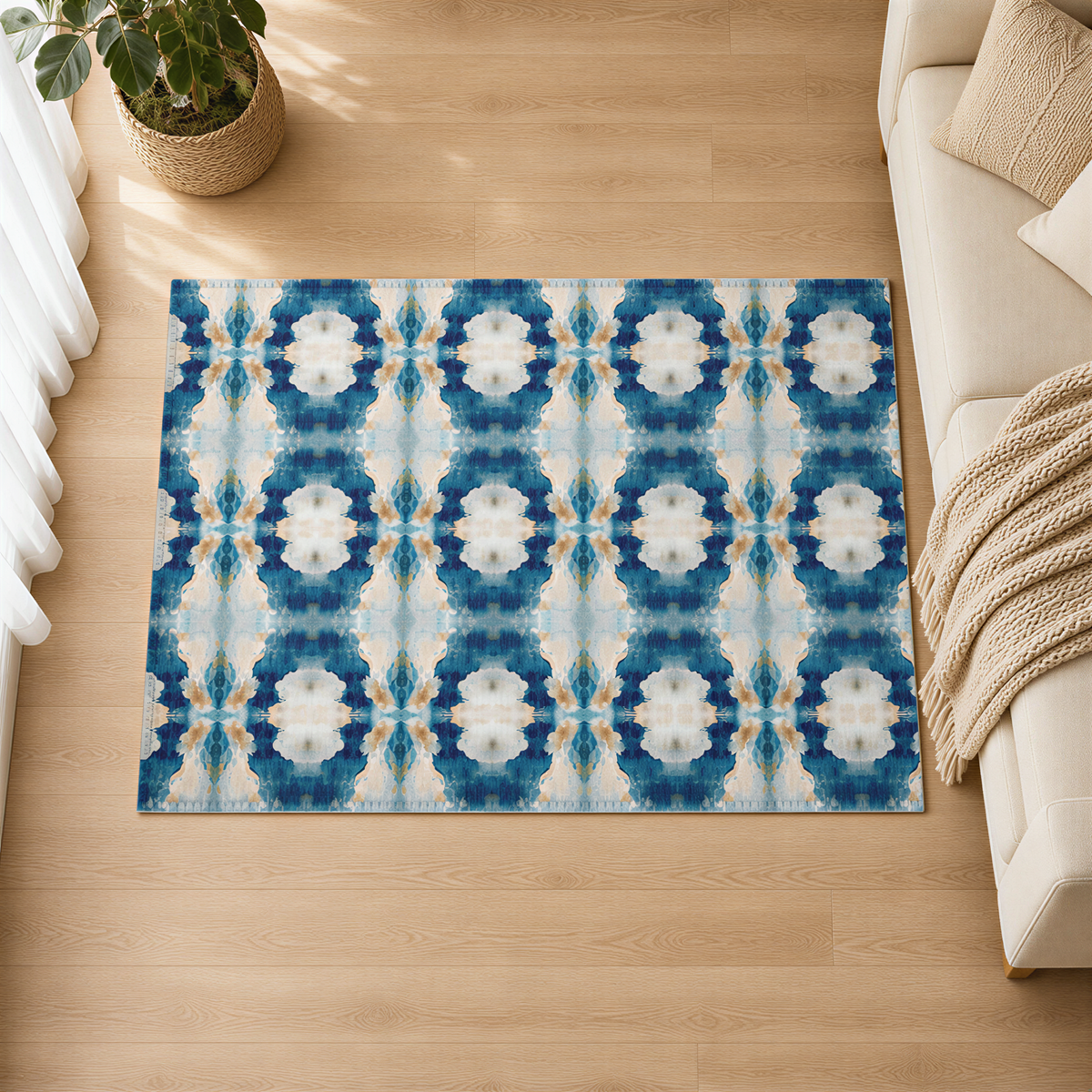 a large rug with a blue and white abstract pattern on a wooden floor.