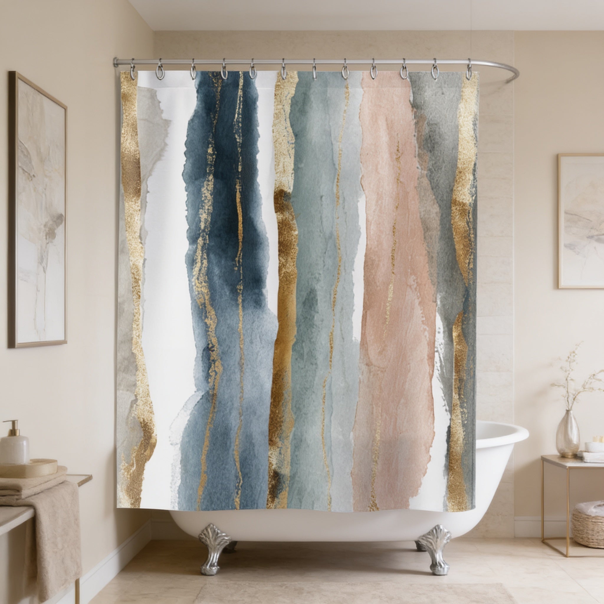 a bathroom with a white bathtub and a shower curtain with a colorful abstract design in shades of blue, pink, and white.
