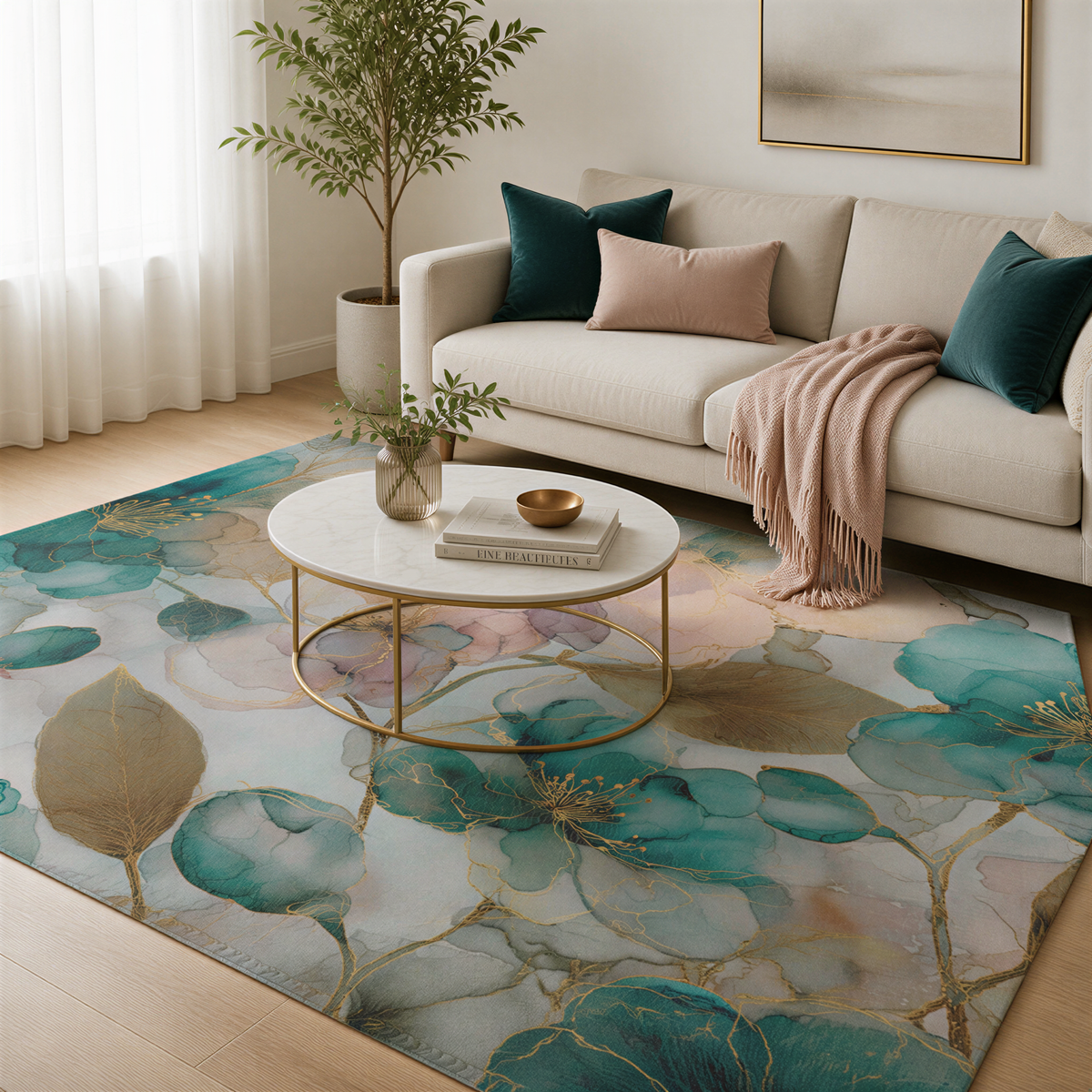 a cozy living room with a beige sofa, a white coffee table, and a large green and gold floral rug. The room is decorated with a vase of greenery, a gold bowl, and a stack of books.