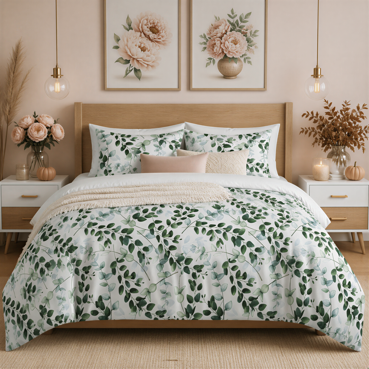 a bedroom with a large bed, a wooden headboard, and two framed floral paintings on the wall above the bed. The bed is covered in a white comforter with a green leaf pattern, and the room has a neutral color scheme with white walls and a beige carpet.