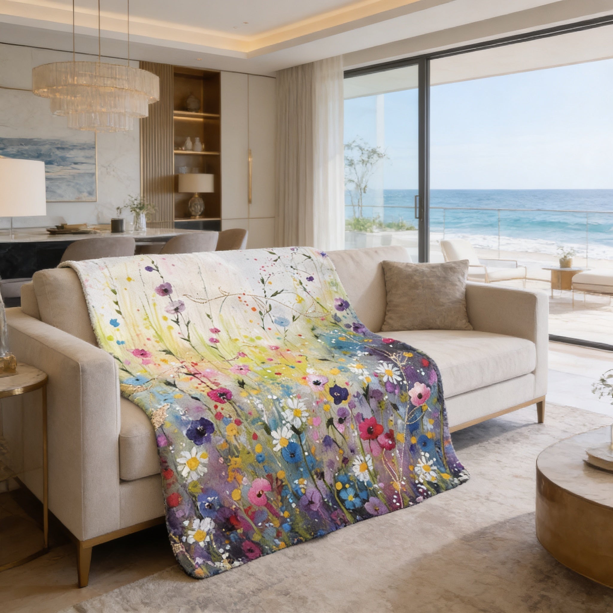 a living room with a large, colorful floral-patterned blanket draped over a beige sofa. The room has a large window overlooking the ocean, and there is a dining table and chairs in the background.
