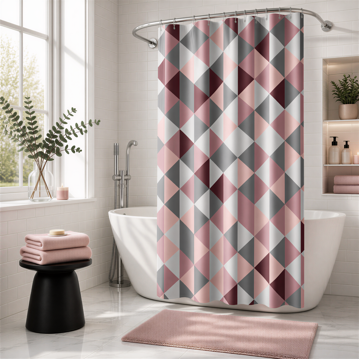 a modern bathroom with a geometric patterned shower curtain, a white freestanding bathtub, and a pink rug on the floor.