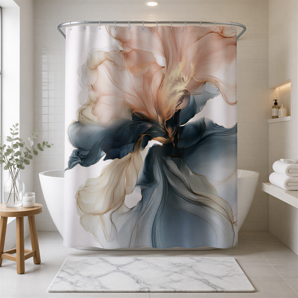 a bathroom with a large floral shower curtain as the focal point. The shower curtain has a vibrant design with a mix of pink, blue, and white colors, resembling a blooming flower. The bathroom also includes a wooden stool, a white rug, and a shelf with various toiletries.