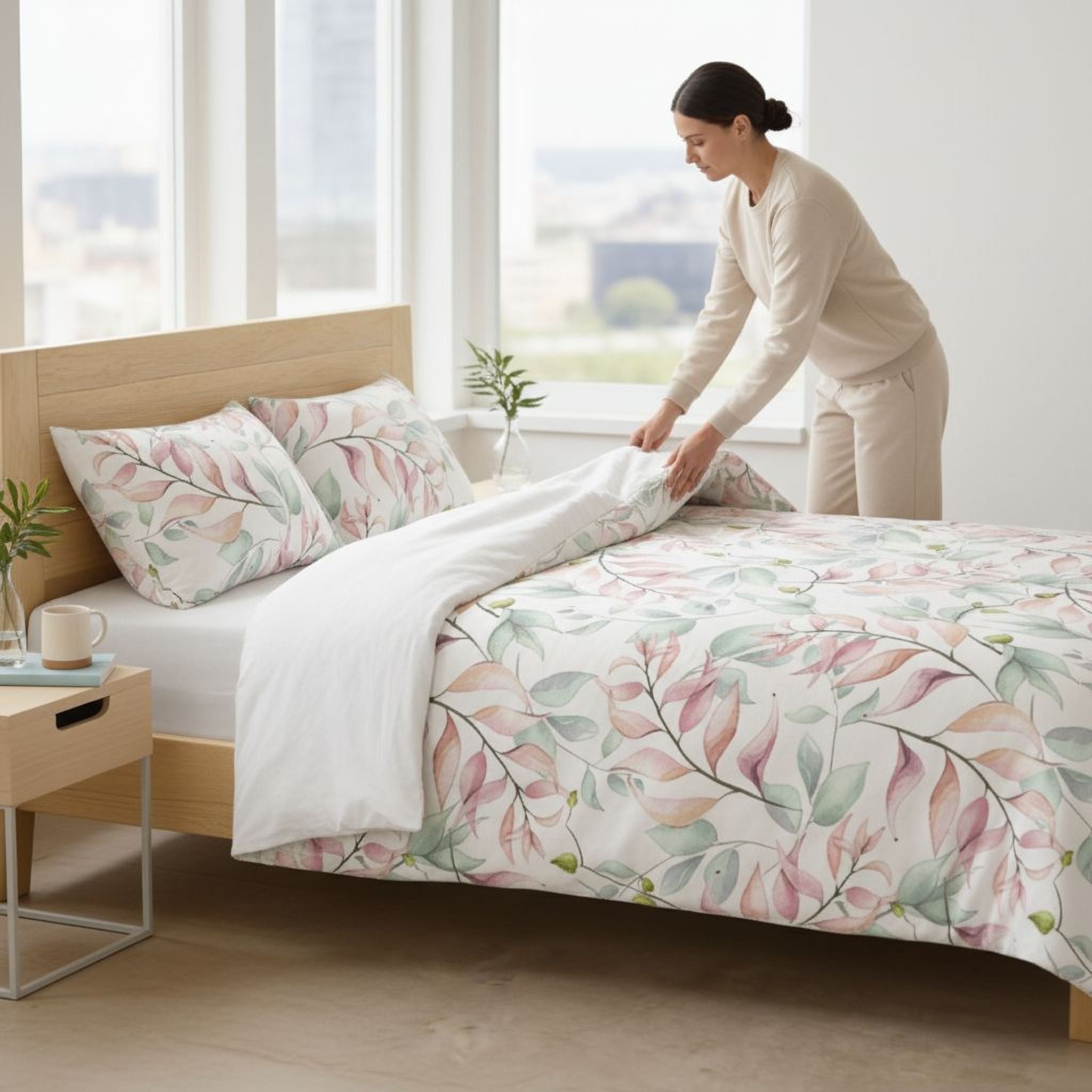 A woman is arranging a floral-patterned bedding set on a bed in a bedroom with large windows.