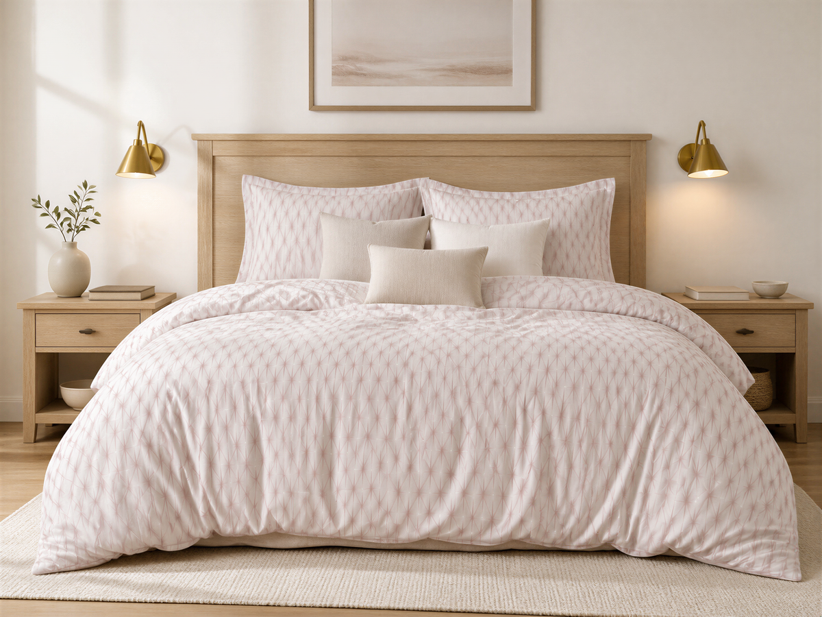 a serene and cozy bedroom with a large bed adorned with a white and pink patterned comforter and pillows. The bed is positioned against a wall with a wooden headboard, and there are two nightstands on either side of the bed, each with a lamp. The room also includes a framed picture on the wall above the bed and a vase with greenery on one of the nightstands.