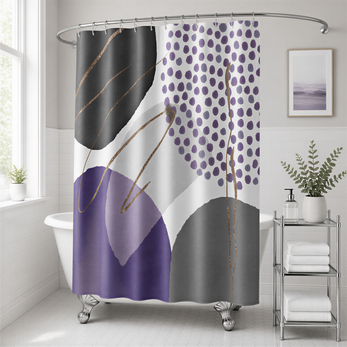 a bathroom with a white bathtub, a shower curtain with abstract patterns in purple and gray, and a framed picture on the wall.