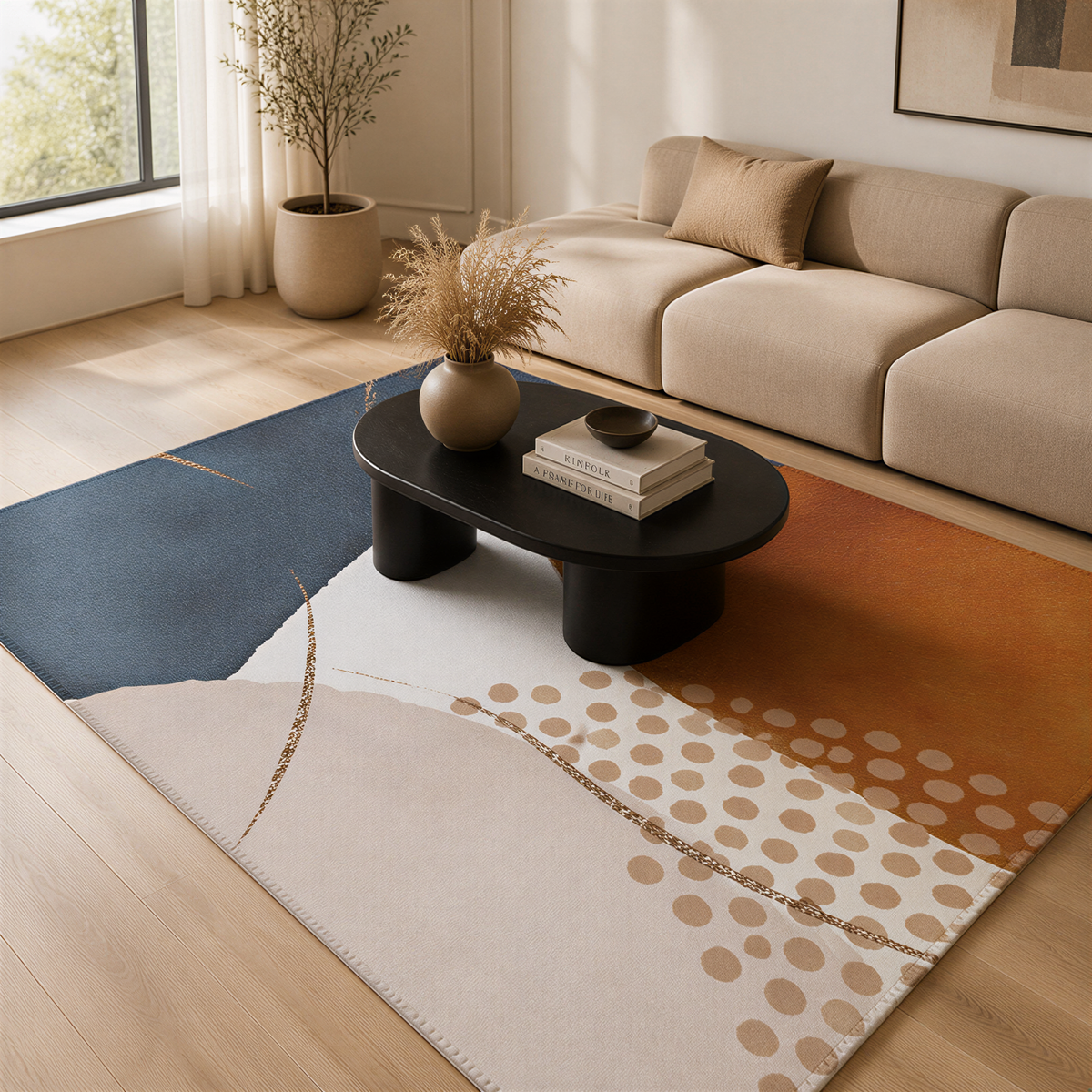a modern living room with a large, abstract rug featuring a mix of blue, orange, and white colors. The rug is placed on a wooden floor, and there is a black coffee table in the center. A sofa is positioned against the wall, and a potted plant is located near the window. There are also some books on the coffee table.
