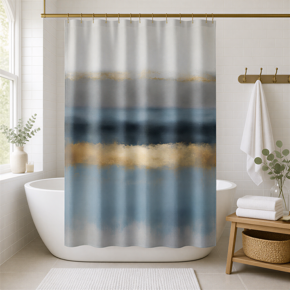 a bathroom with a white bathtub, a shower curtain with a blue and gold gradient, and a wooden shelf with towels and a plant.