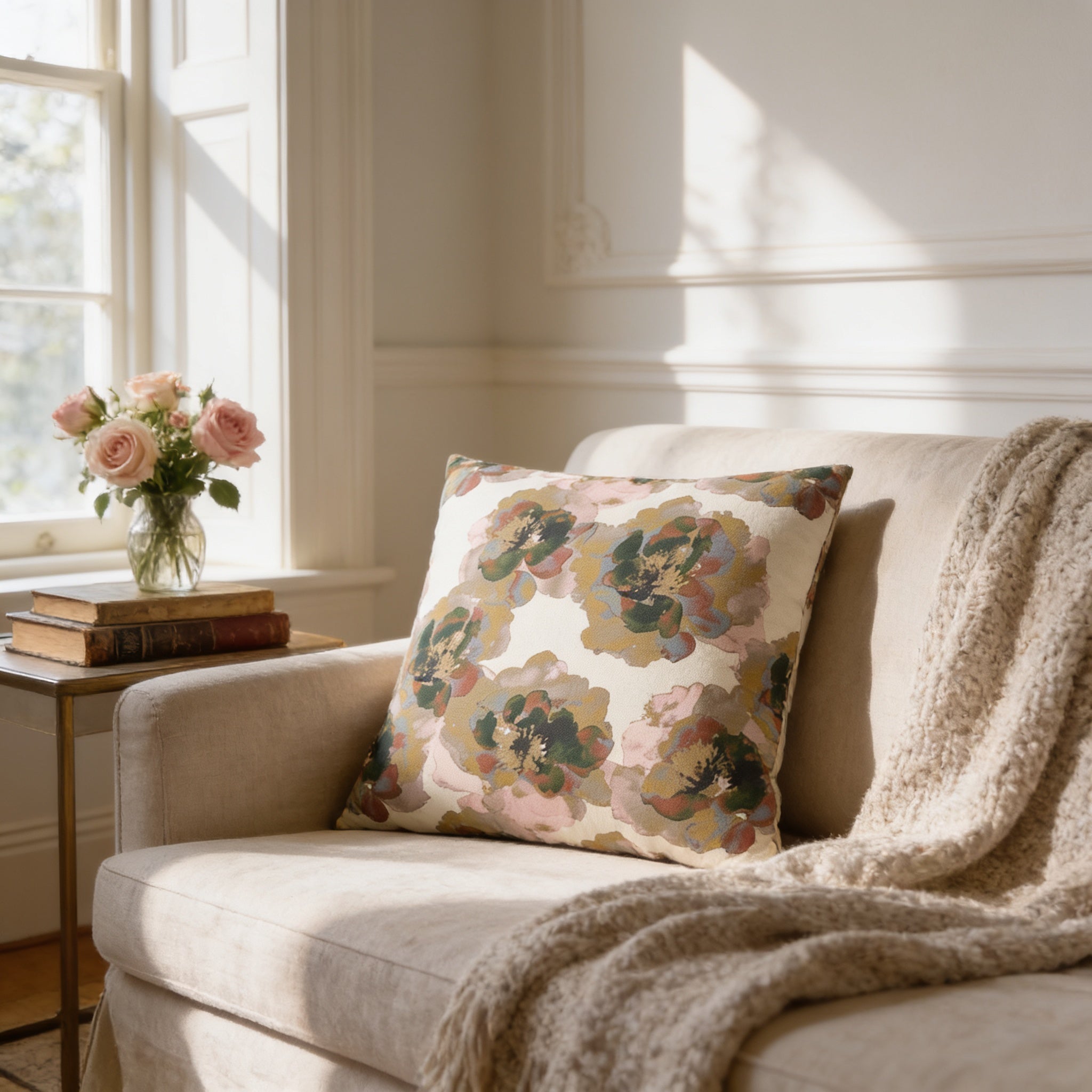 A cozy living room with a beige sofa, a floral throw pillow, and a vase of pink roses on a small side table.