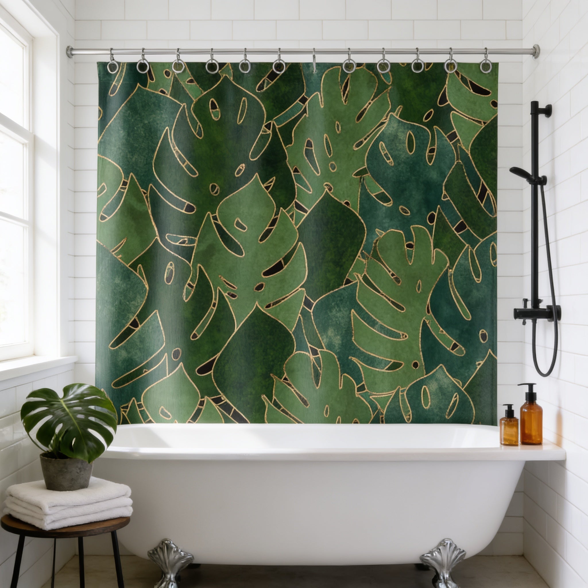 a bathroom with a white bathtub, a shower curtain with a tropical leaf pattern, and a potted plant on a stool.