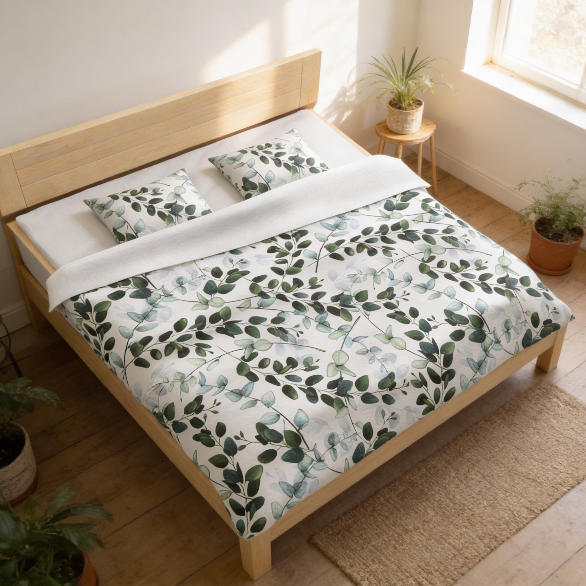 a bedroom with a bed covered in a white and green leafy patterned duvet cover, a wooden headboard, and a small table with a plant on it. The room also features a window and some potted plants, creating a cozy and natural atmosphere.