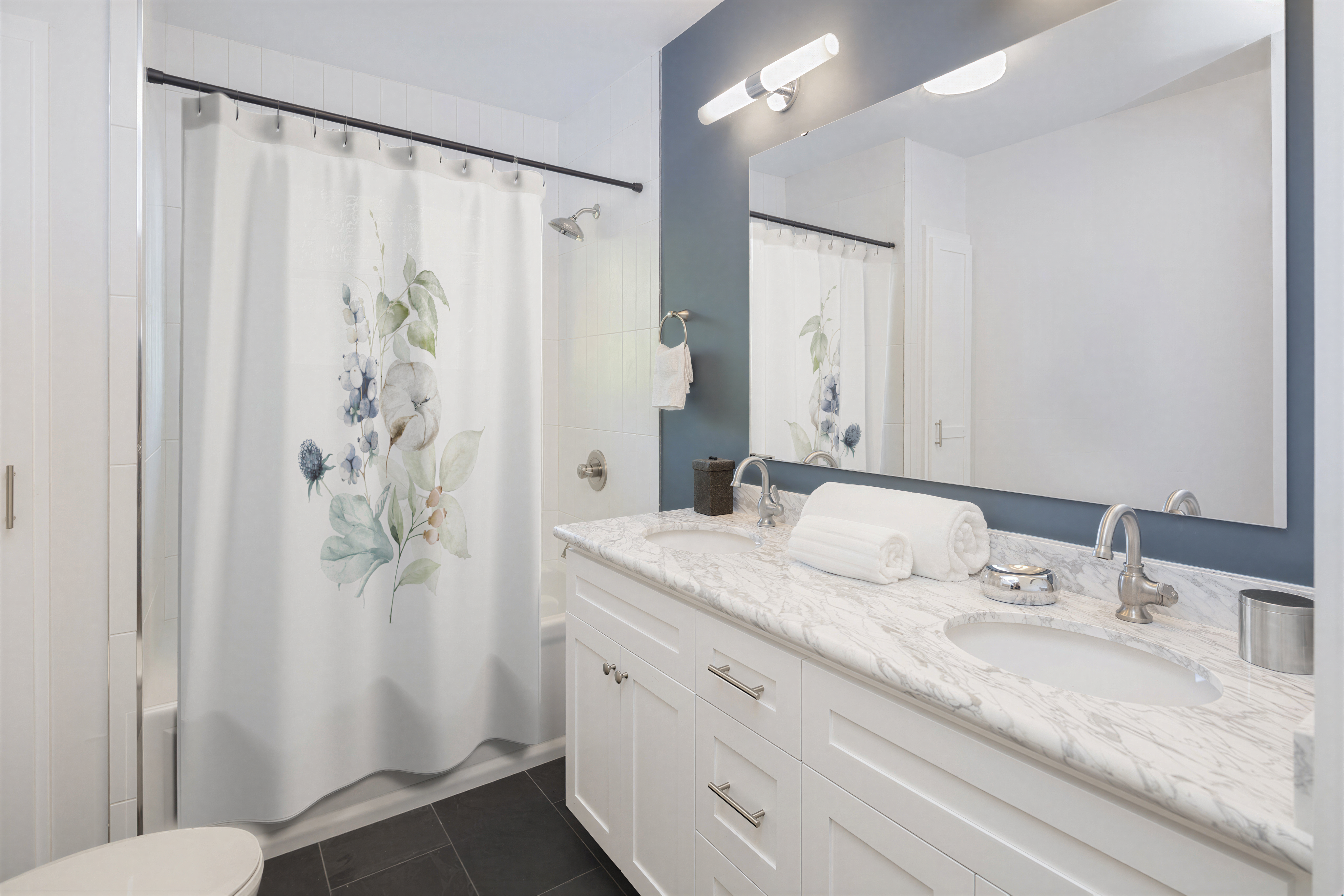 Blue Green Floral White Shower Curtain