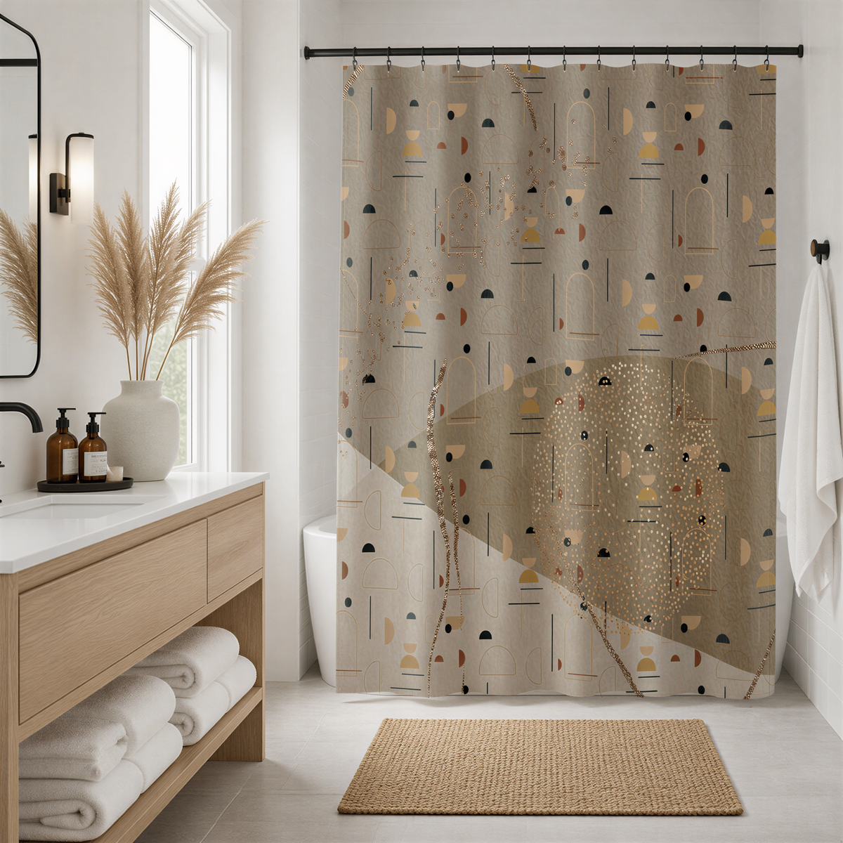 a modern bathroom with a shower curtain featuring a geometric pattern in shades of brown and beige. The bathroom is well-organized, with a white sink, a wooden vanity, and a rug on the floor. There are also decorative elements such as a potted plant and a vase, adding to the overall aesthetic of the space.