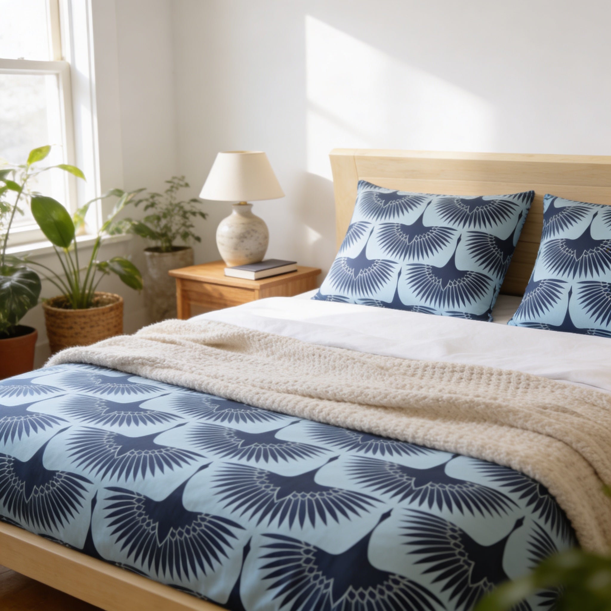 a cozy bedroom with a bed adorned with a blue and white patterned comforter and pillows. The bed is framed by a wooden headboard, and a lamp is placed on a side table next to the bed. The room is decorated with several potted plants, adding a touch of greenery to the space.
