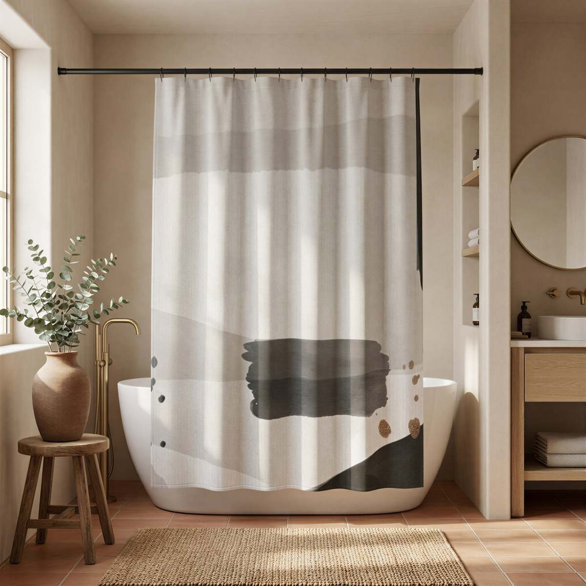 a modern bathroom with a white bathtub, a shower curtain with a black and white abstract design, and a wooden stool. The bathroom has a minimalist and clean aesthetic, with a large window providing natural light.