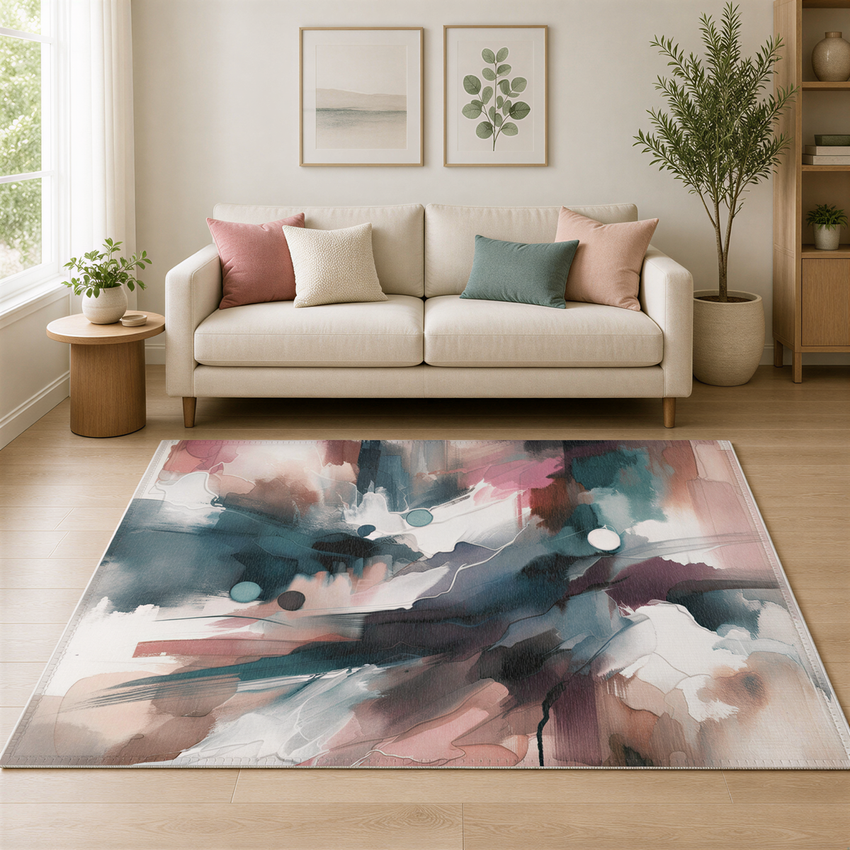 a cozy living room with a beige sofa, a large abstract rug, and two framed artworks on the wall. The room is decorated with potted plants and a vase, creating a warm and inviting atmosphere.