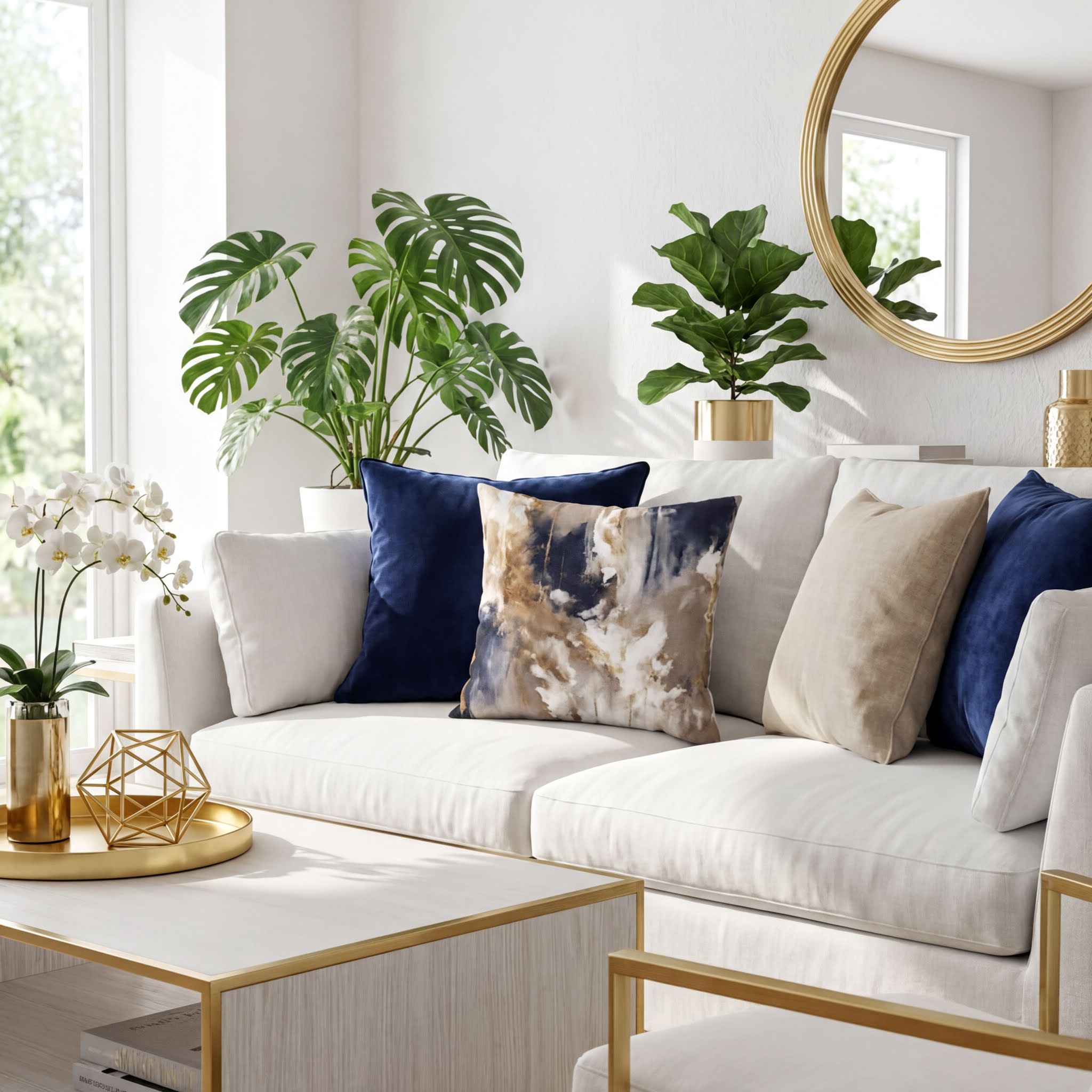 a well-decorated living room with a white sofa adorned with blue and gold throw pillows, a gold geometric tray, and a gold vase with white flowers. The room is illuminated by natural light from a large window, and the walls are painted white, creating a bright and airy atmosphere.