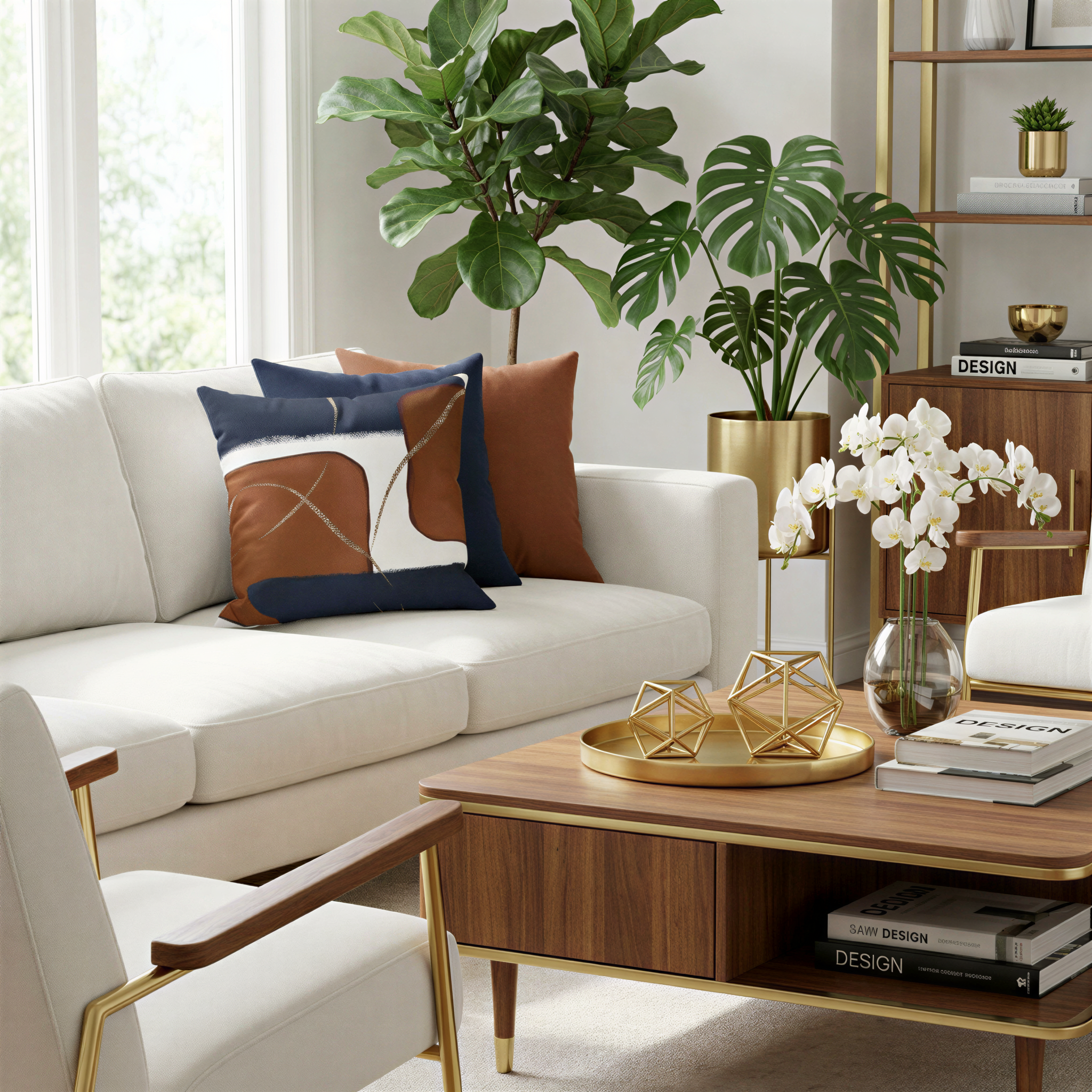a modern and stylish living room with a white sofa, a wooden coffee table, and various decorative elements such as potted plants and books.