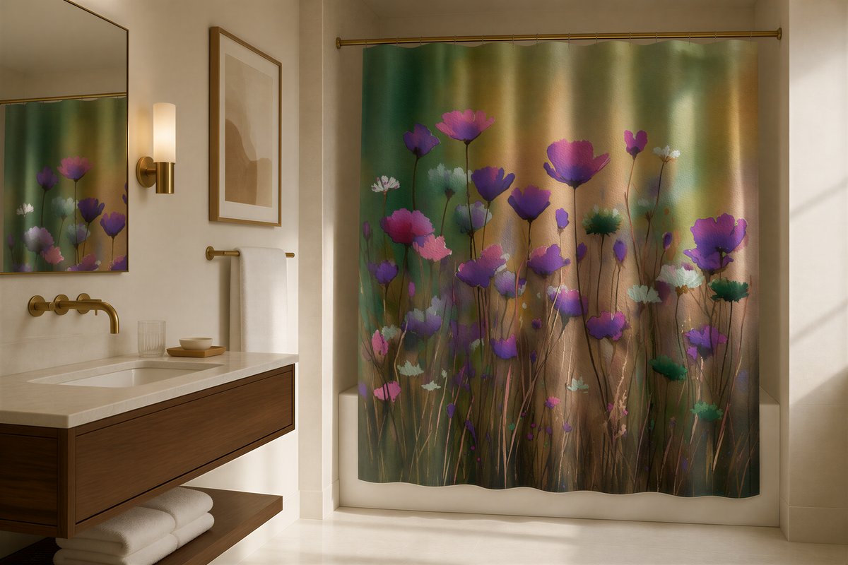 a bathroom with a shower curtain featuring a floral design in shades of purple and pink. The shower curtain is hanging in the shower area, and the bathroom has a wooden vanity and a sink.