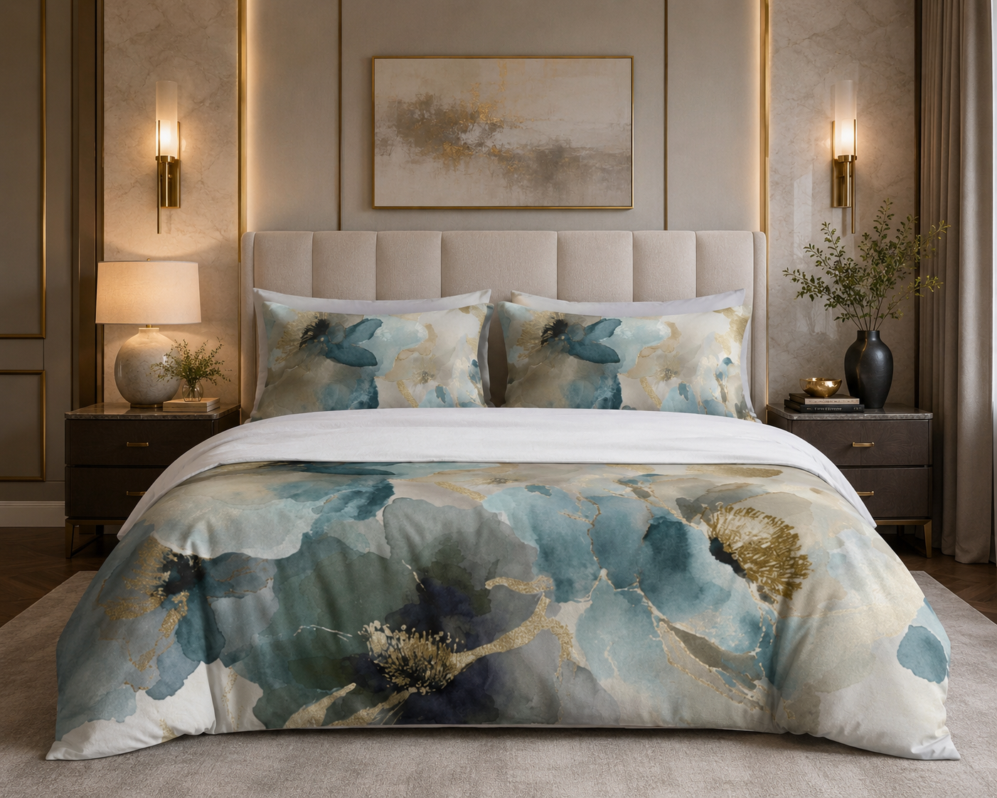a luxurious bedroom with a large bed adorned with a blue and white floral comforter and matching pillows. The bed is framed by two nightstands, each with a lamp and a vase of greenery. Above the bed, there is a painting on the wall, and the room is decorated with gold accents, creating a sophisticated and elegant atmosphere.