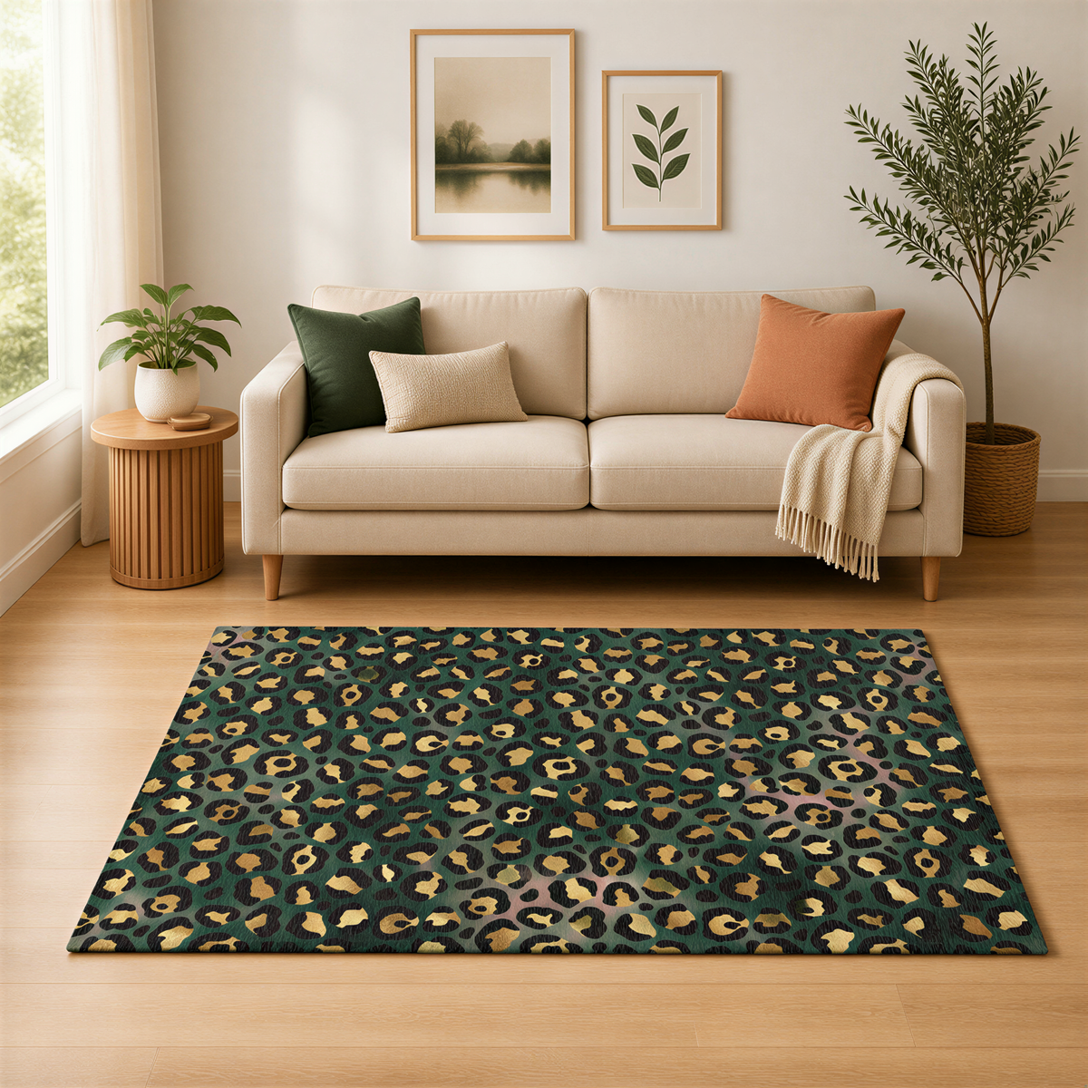 a cozy living room with a beige sofa, a leopard print rug, and a framed picture on the wall.