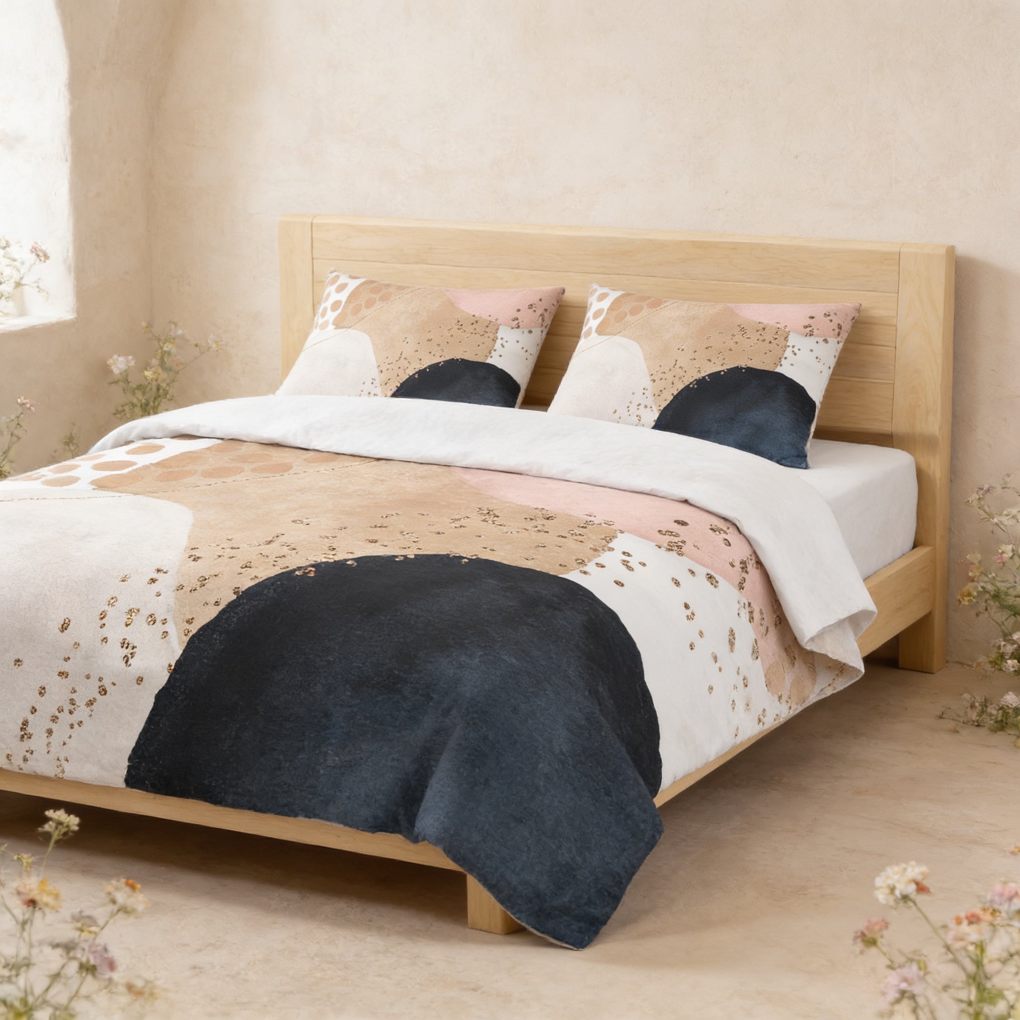 a bedroom with a bed featuring a colorful, abstract patterned comforter and pillows. The bed is set against a light-colored wall, and there are some flowers visible in the room.