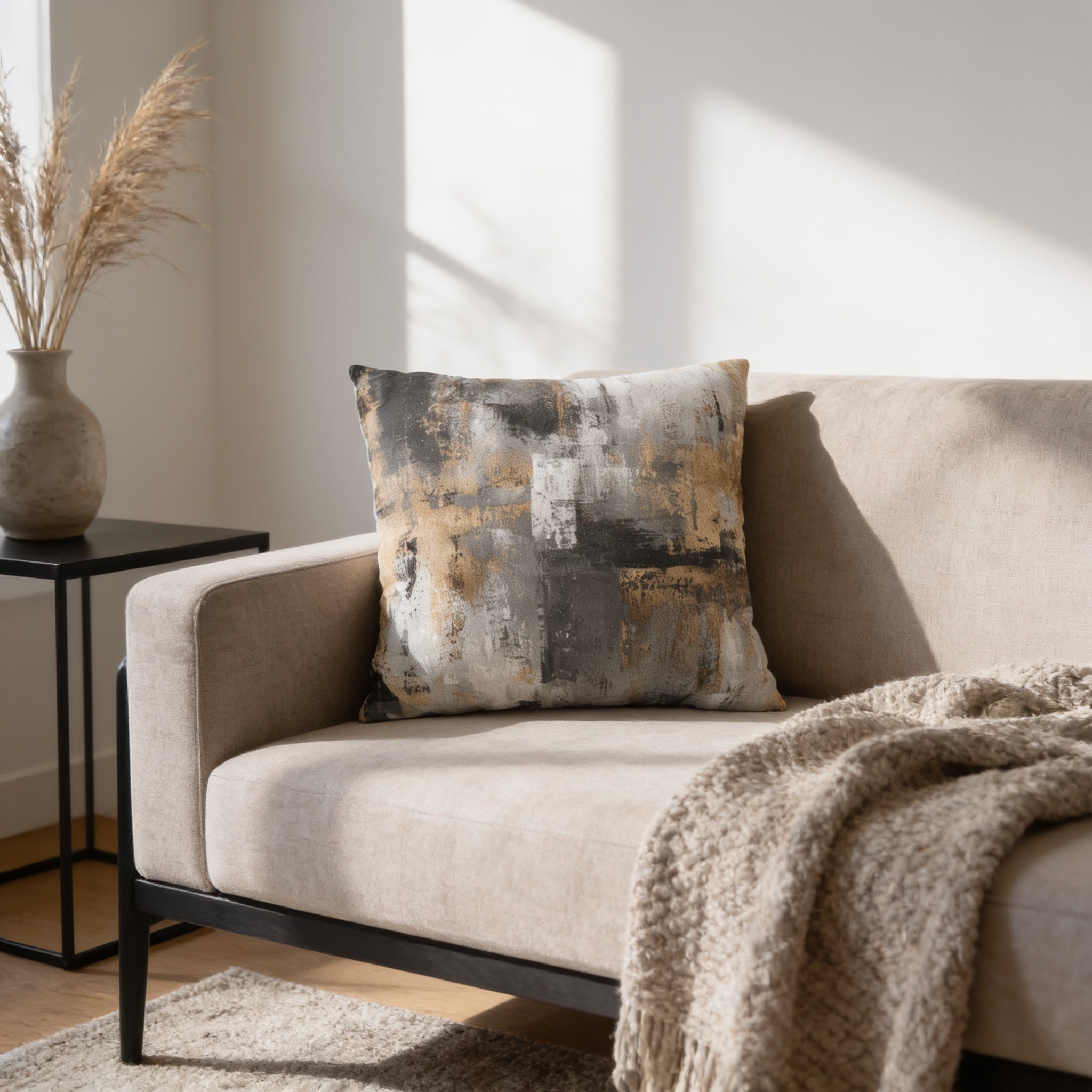 a cozy living room with a beige sofa, a black side table, and a decorative vase with dried flowers. The sofa is adorned with a throw blanket and a throw pillow with an abstract design in shades of gray and beige.