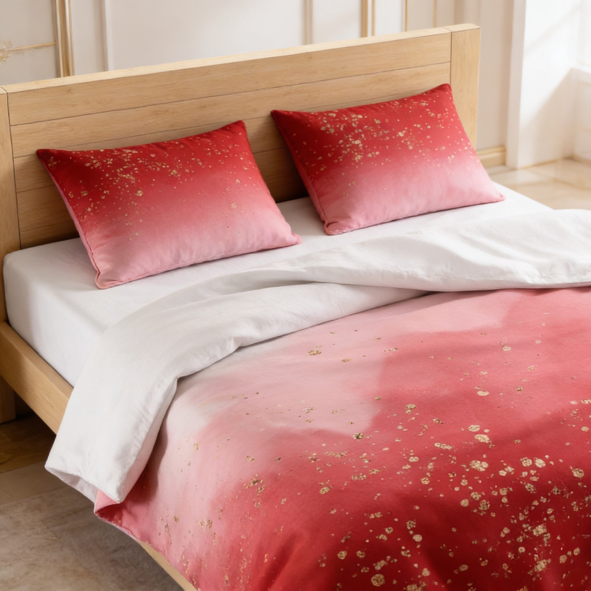 a bed with a pink and white bedspread featuring a gradient design, along with matching pillows.