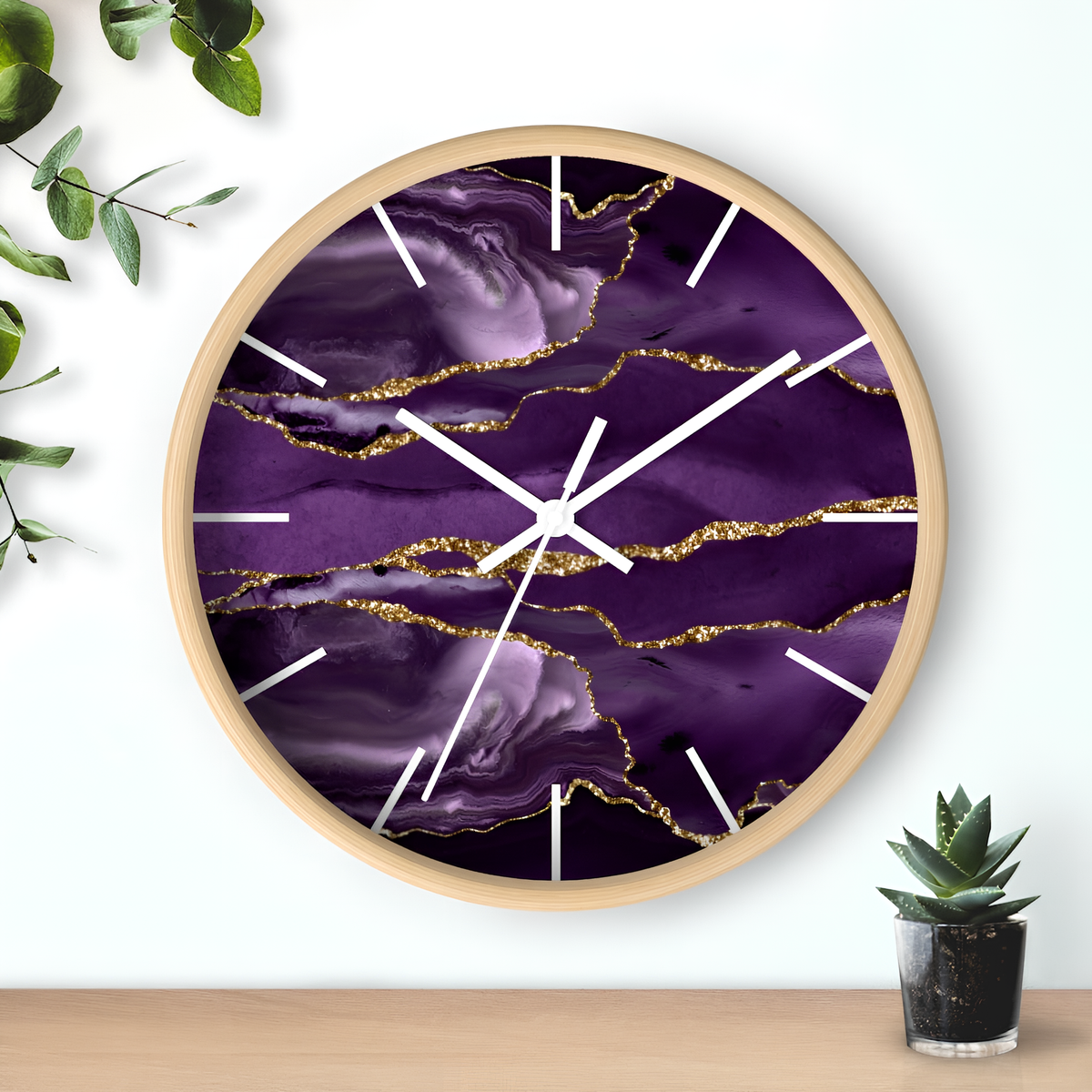 Marble Print Wood Wall Clock Purple Gold full front view