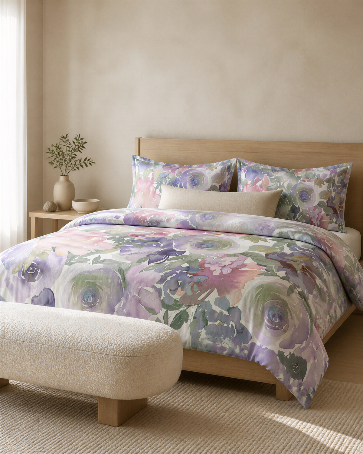 a bedroom with a floral-patterned bedspread and pillows, a wooden headboard, and a white bench.