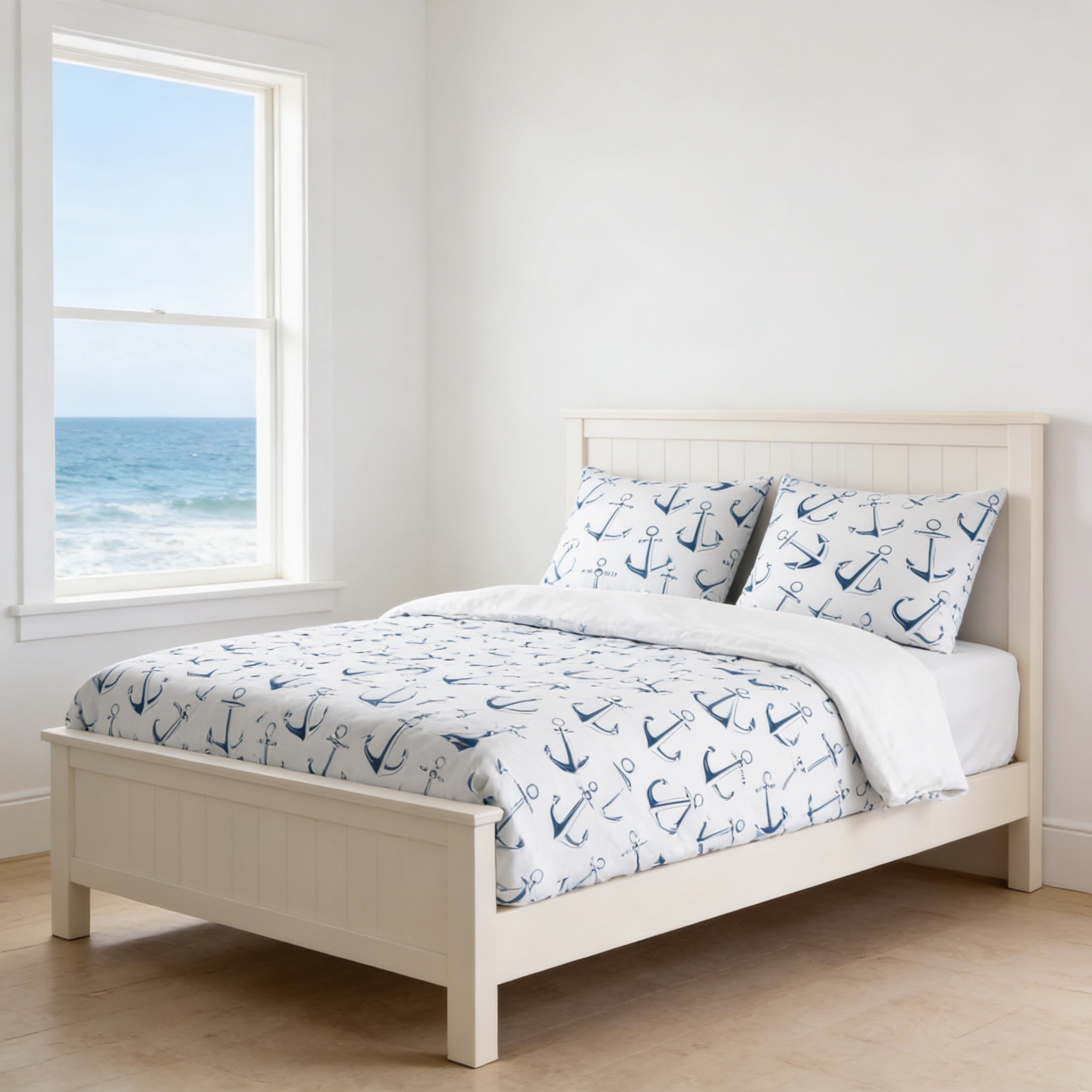 a white wooden bed with a blue and white anchor patterned comforter and pillows, positioned in front of a window overlooking the ocean.