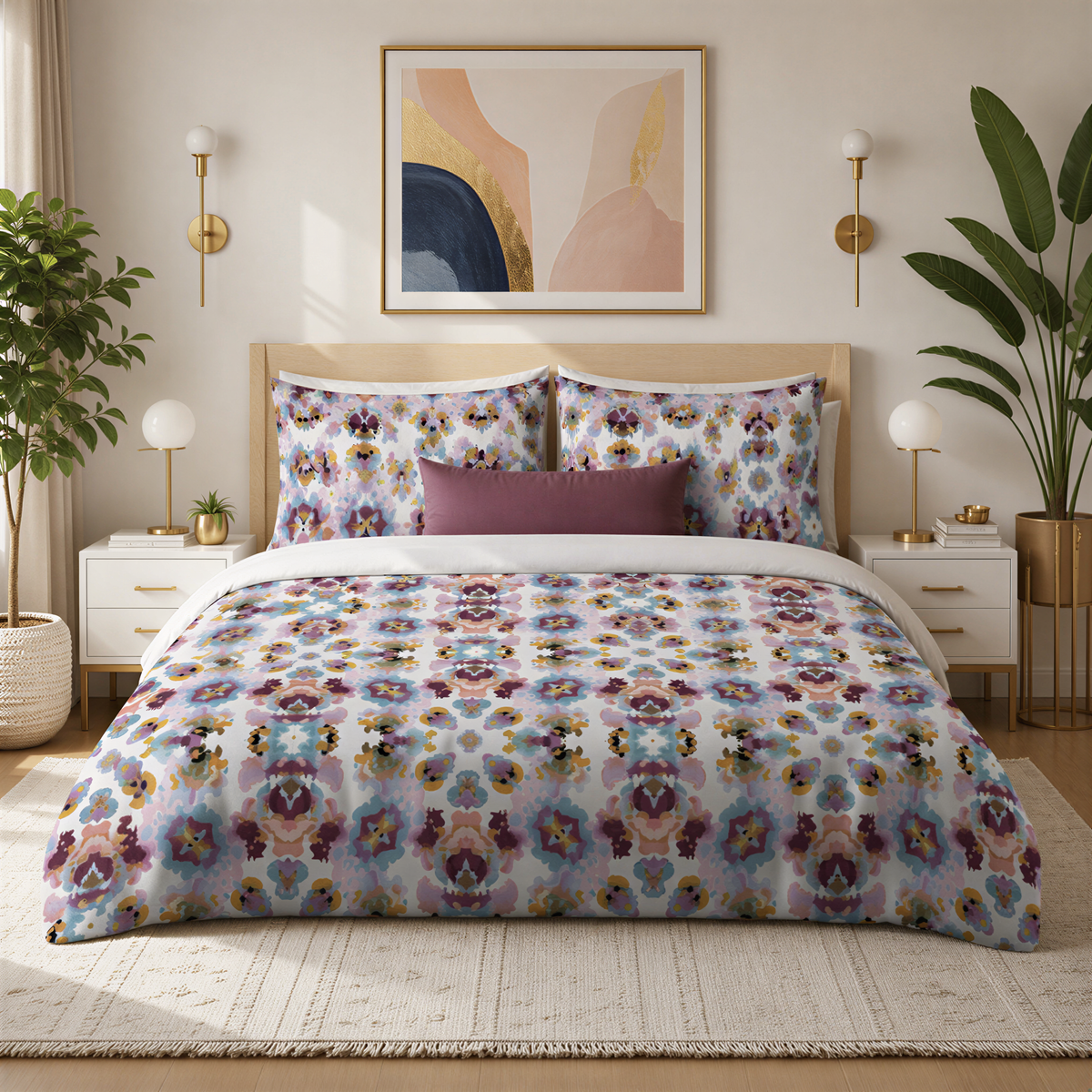 a well-decorated bedroom with a large bed featuring a colorful, patterned comforter and pillows. The bed is flanked by two nightstands with lamps, and the room is adorned with several potted plants and a framed abstract artwork on the wall.