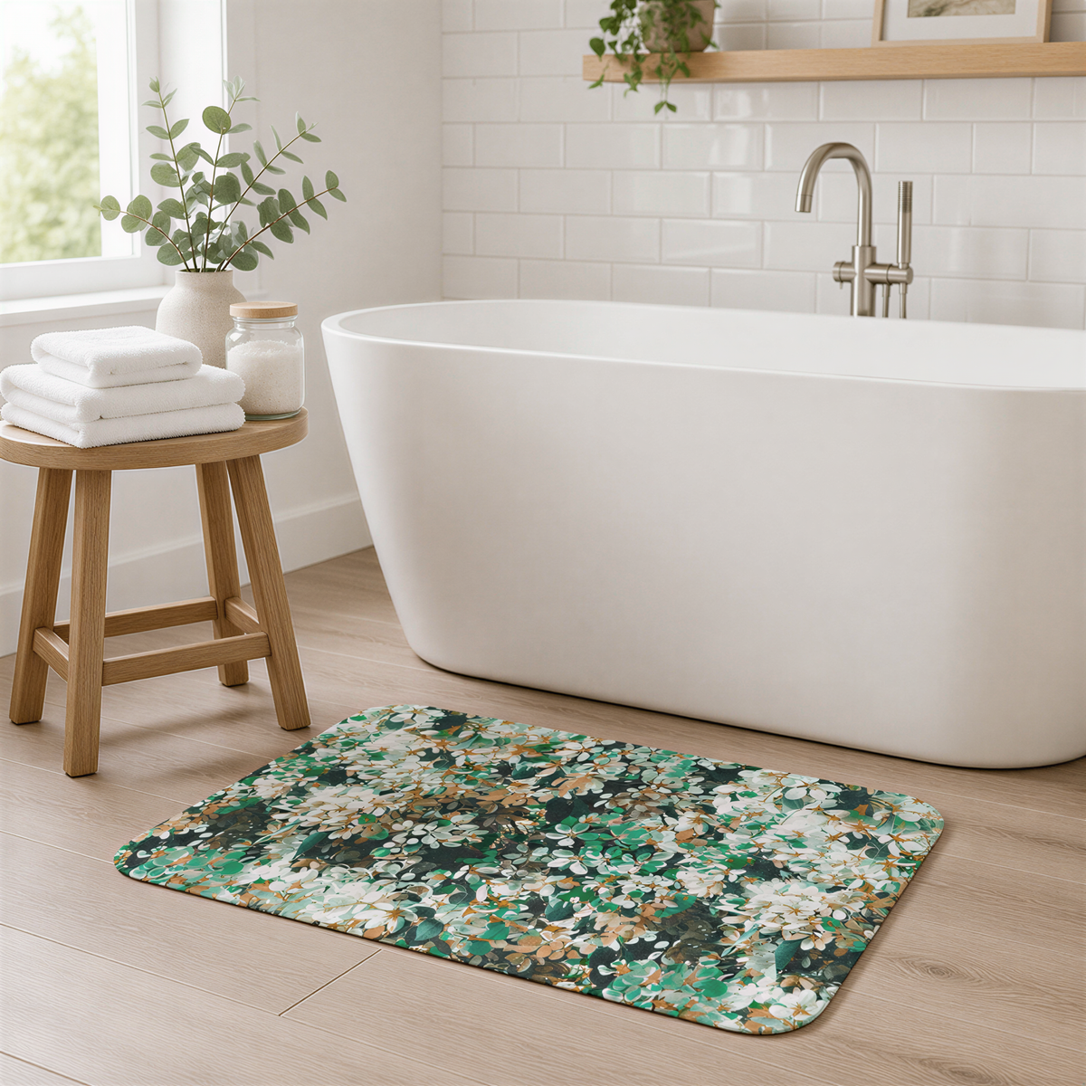 a modern bathroom with a white freestanding bathtub, a wooden stool, and a colorful floral bath mat on the floor.