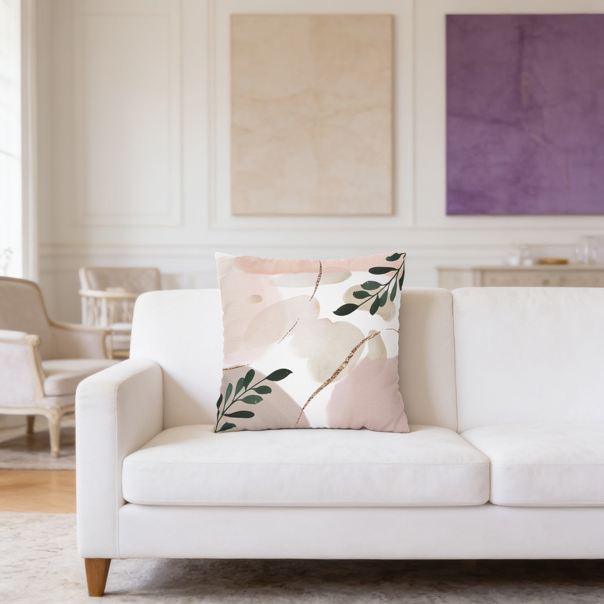 a white sofa with a decorative pillow on it, set against a backdrop of white walls with framed artwork.