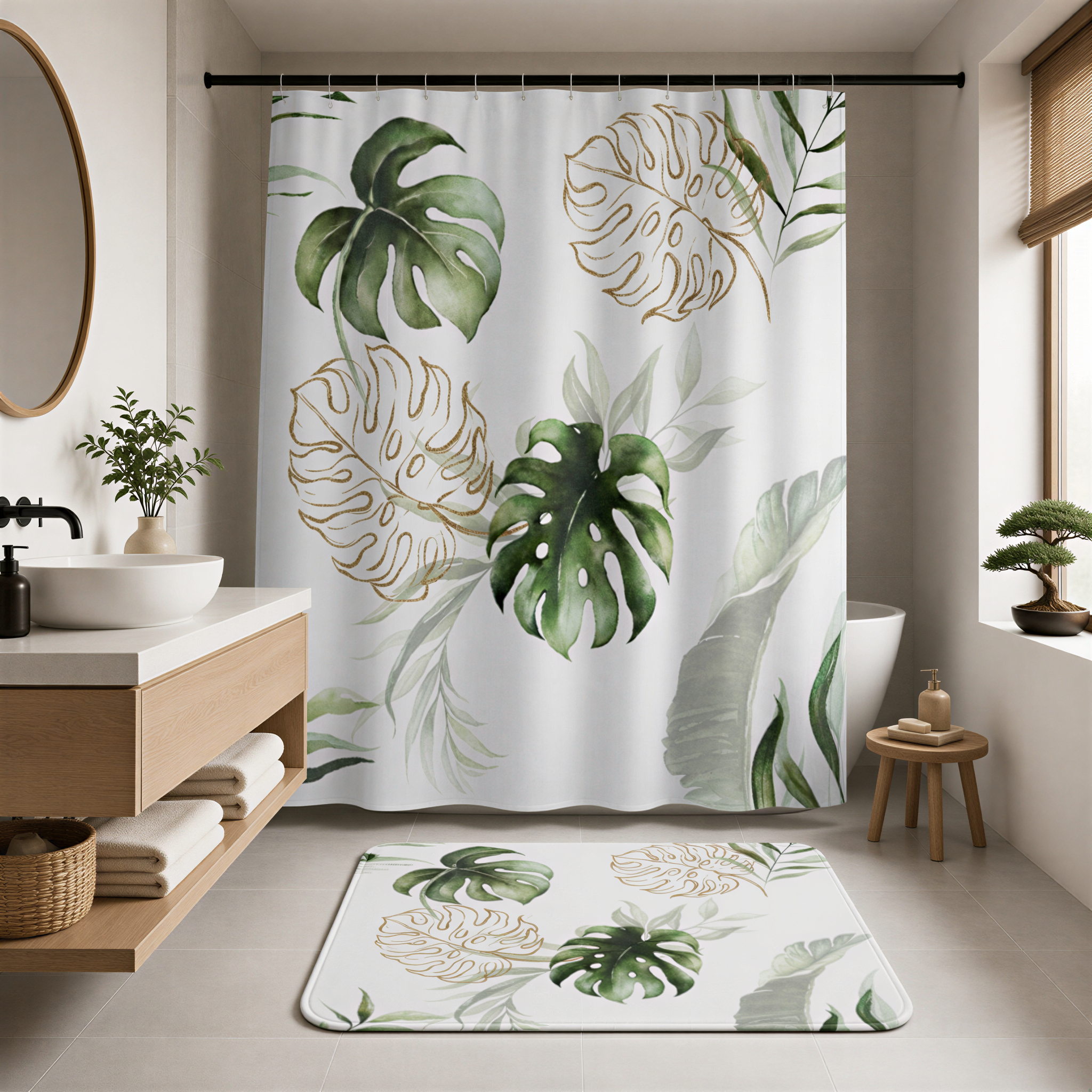 a bathroom with a shower curtain featuring a tropical leaf pattern in shades of green and gold. The bathroom also includes a wooden vanity, a small table with a plant, and a rug with a similar leaf pattern.