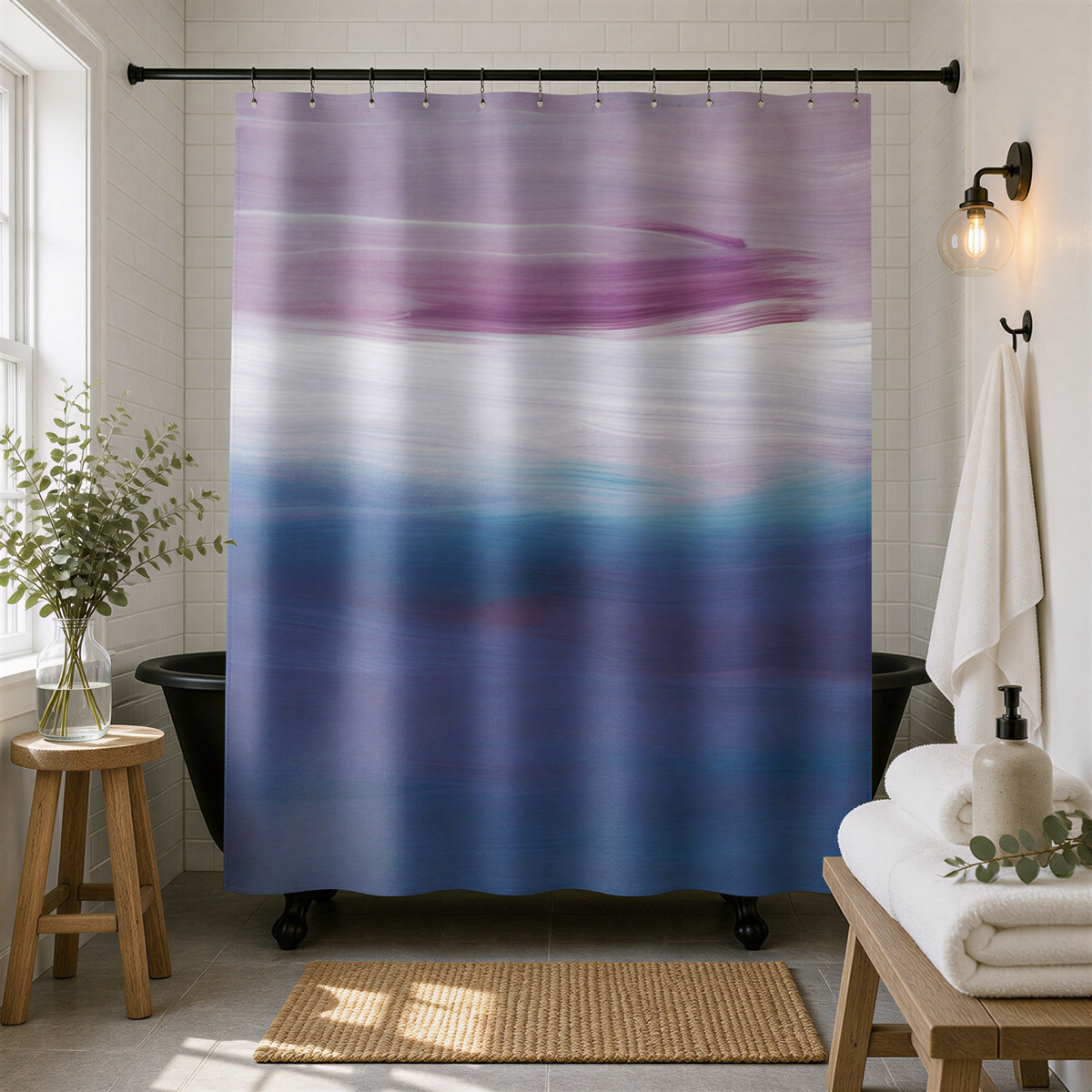 a bathroom with a large, colorful shower curtain featuring a gradient of purple and blue hues. The bathroom is well-decorated with a wooden stool, a vase of greenery, and a rug on the floor.