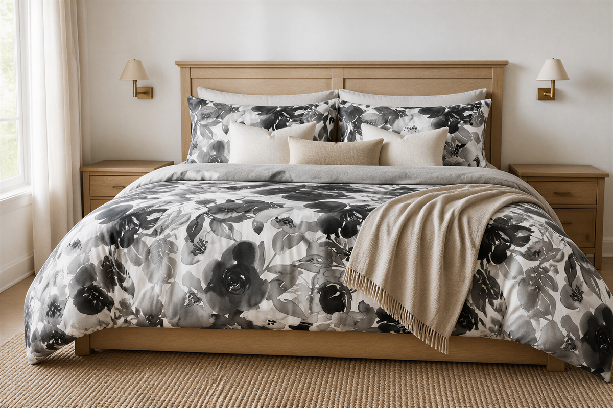 a bedroom with a large bed featuring a floral print comforter and pillows. The bed is positioned against a wall with two wall sconces above it. The room has a neutral color scheme with a beige rug on the floor.