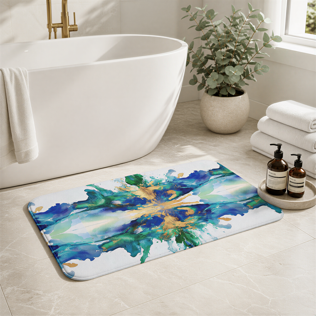a bathroom with a white bathtub, a colorful abstract rug on the floor, and a potted plant near the bathtub.
