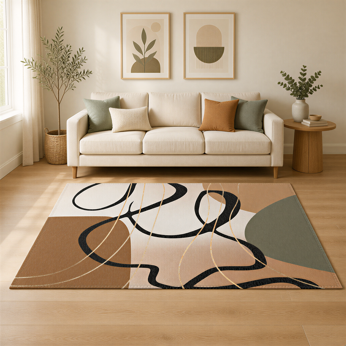 a living room with a beige sofa, a rug with abstract designs, and two framed artworks on the wall.