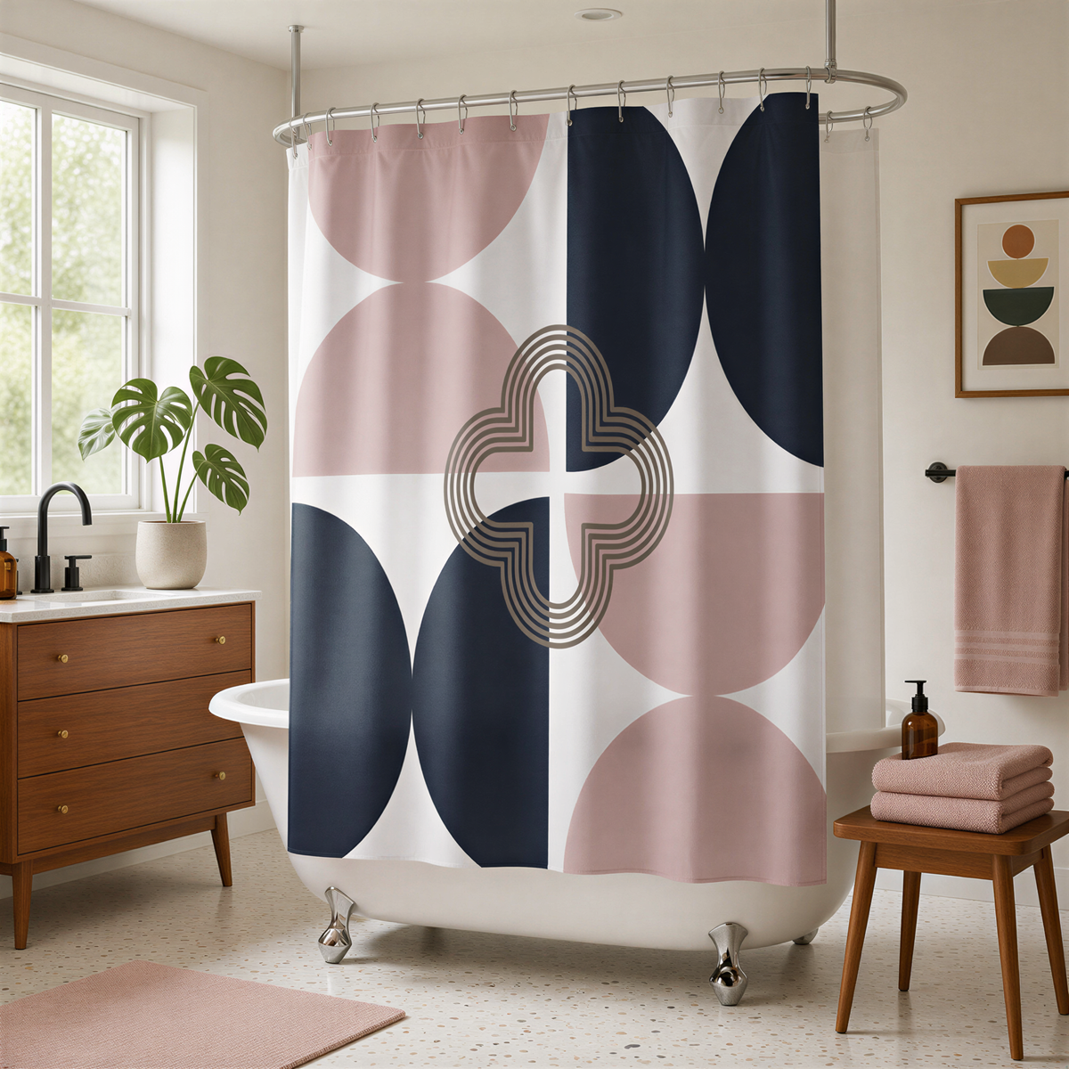 a bathroom with a modern design, featuring a large circular shower curtain with a geometric pattern in shades of pink, blue, and white. The bathroom also includes a wooden dresser, a white bathtub, and a potted plant, creating a stylish and contemporary atmosphere.
