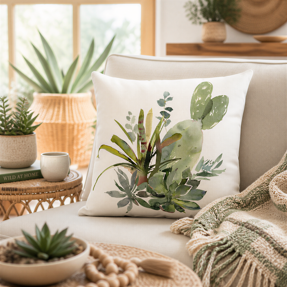 a cozy living room with a white sofa adorned with a decorative pillow featuring a lush green cactus plant design. The room is decorated with various potted plants, a woven basket, and a woven basket with a book on it. The overall atmosphere is warm and inviting, with a harmonious blend of natural elements and home decor.