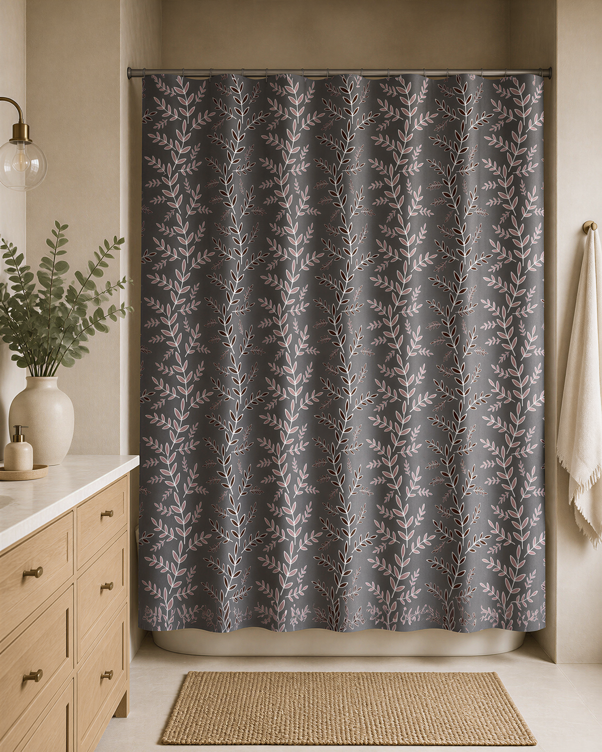 a bathroom with a shower curtain adorned with a leafy pattern, a wooden dresser, a rug, and a vase with greenery.