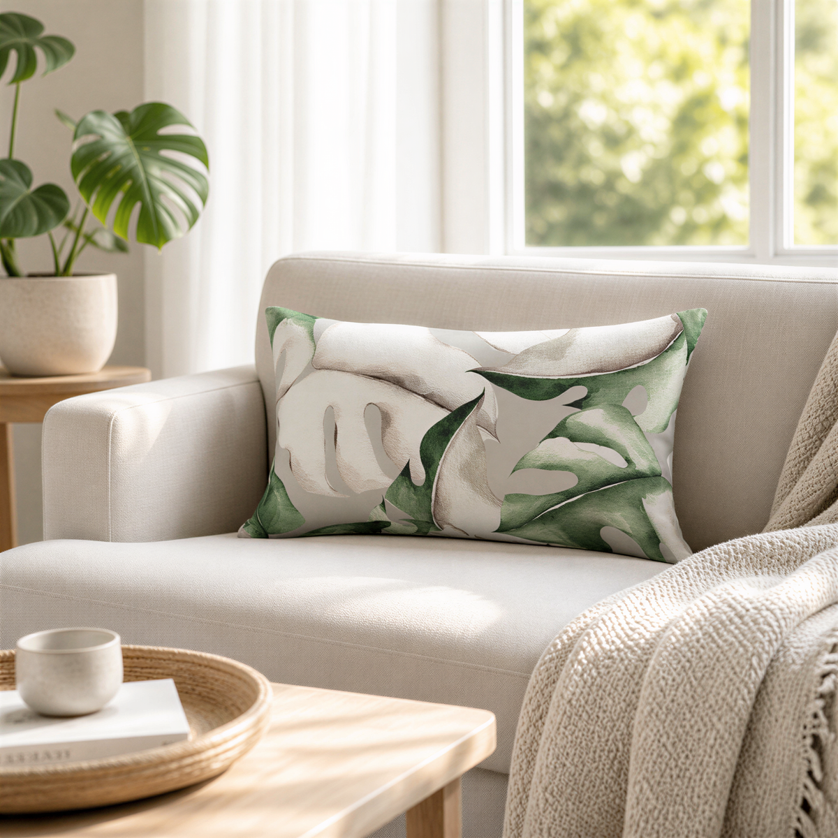 a cozy living room with a beige sofa, a wooden coffee table, and a potted plant. The sofa has a throw pillow with a leaf pattern, and there is a woven basket on the coffee table. A window with white curtains lets in natural light, creating a warm and inviting atmosphere.