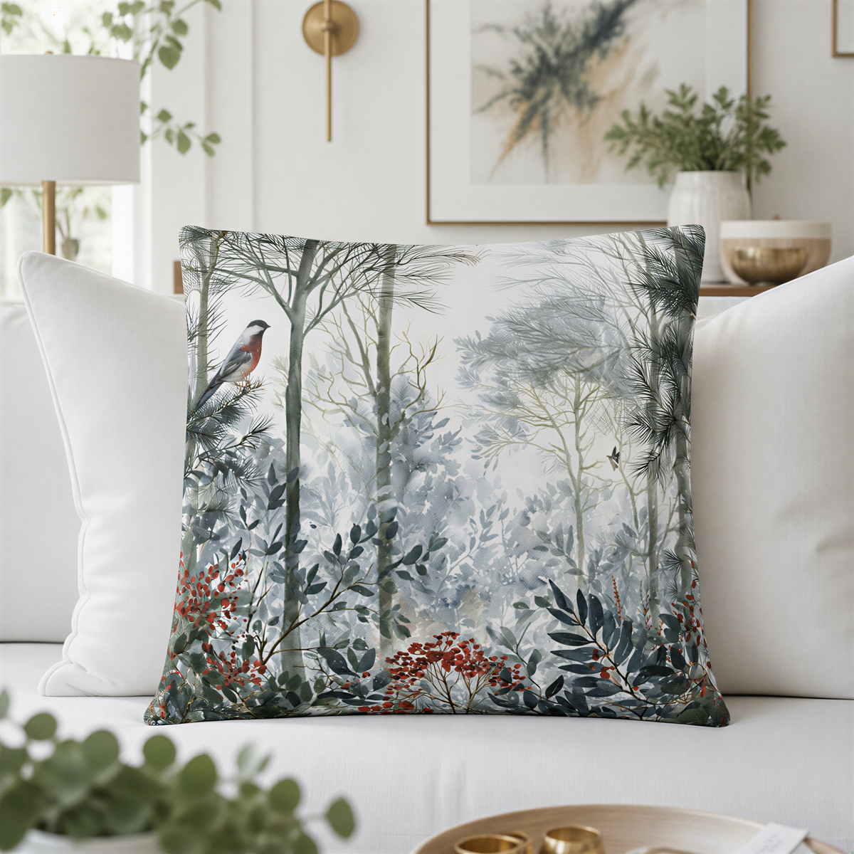 a decorative pillow with a forest scene on it, placed on a couch in a living room setting.